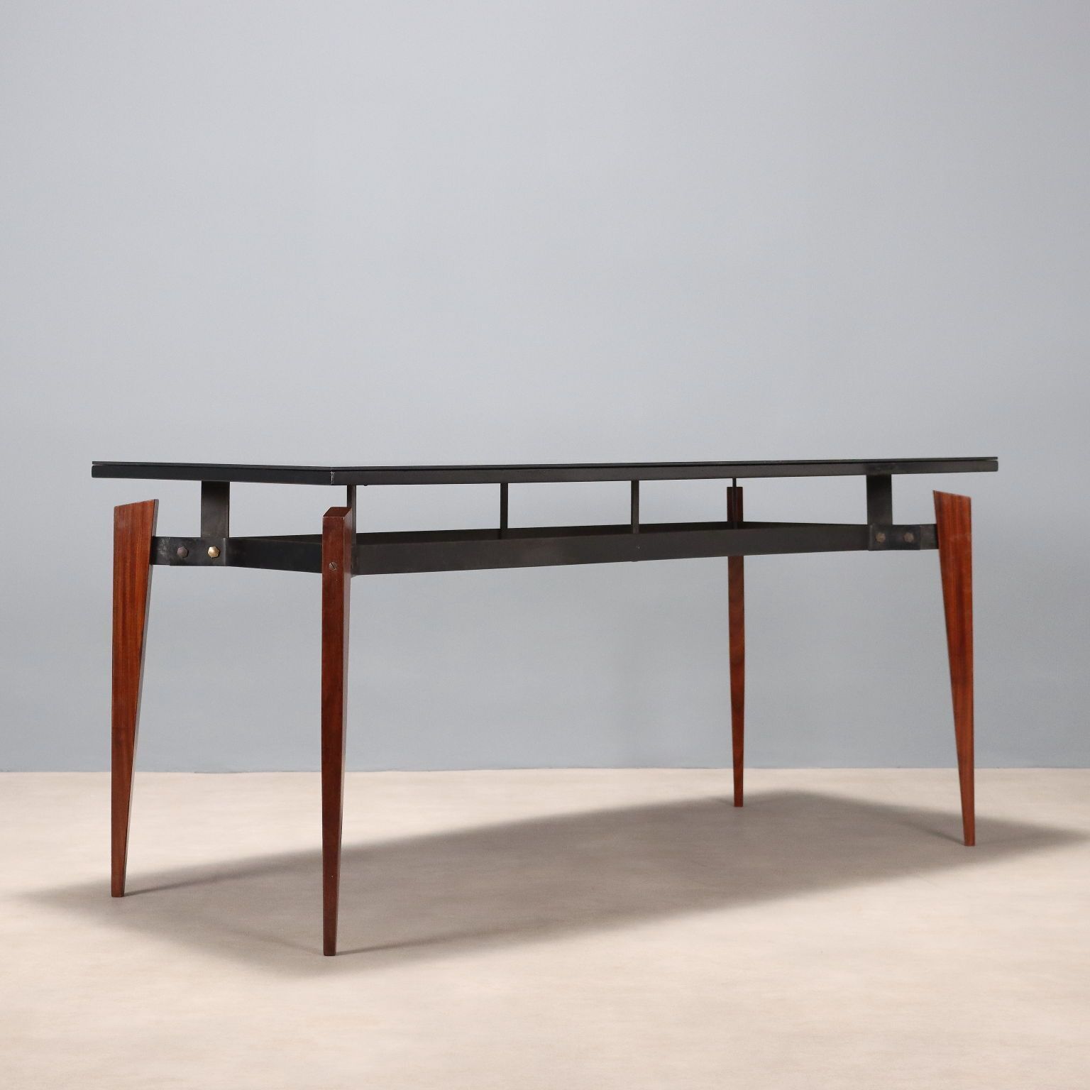 Vintage Table Mahogany Metal Glass Design Italy 1960s photo buy