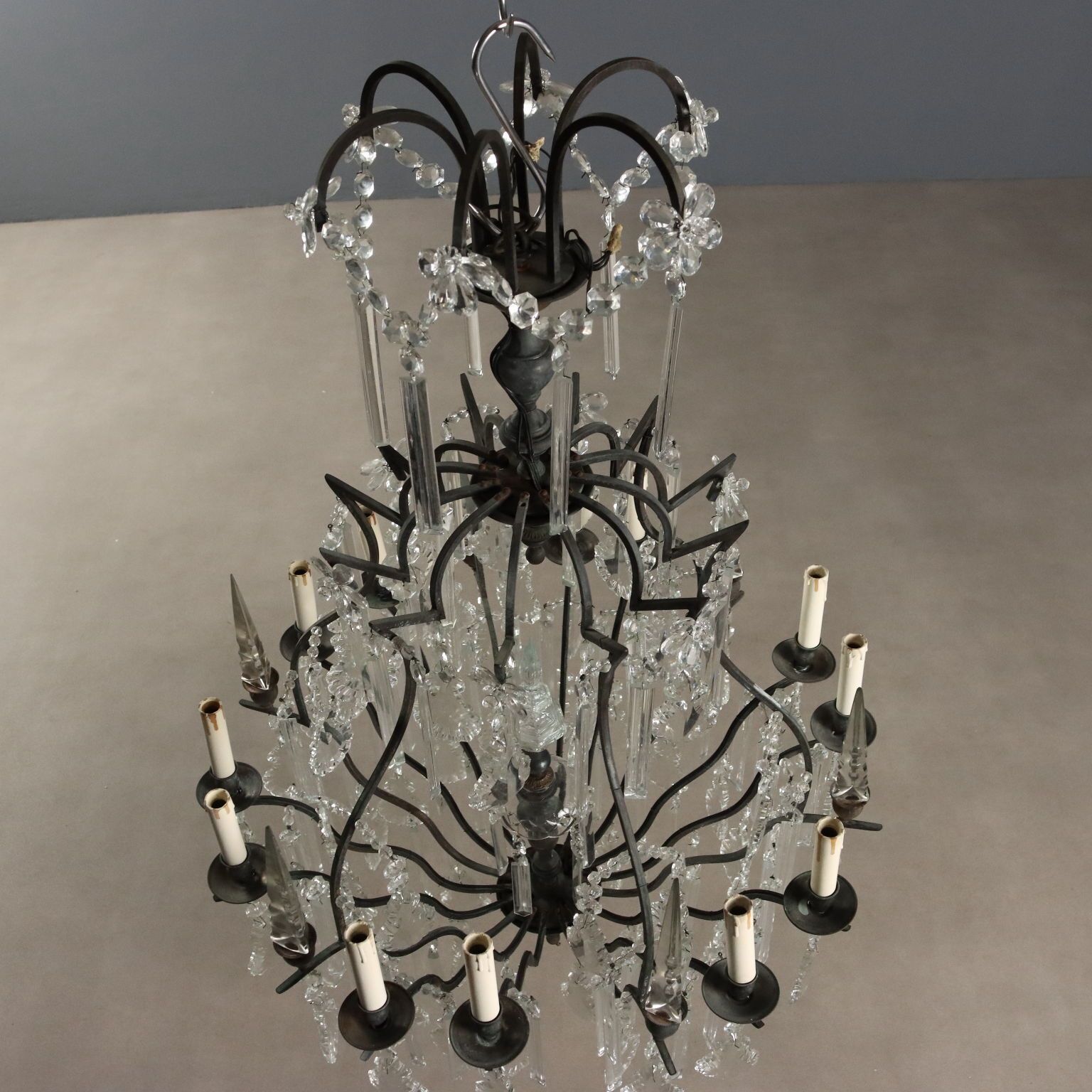 Antique Chandelier Metal Glass 12 Lights Italy XX Century photo vintage