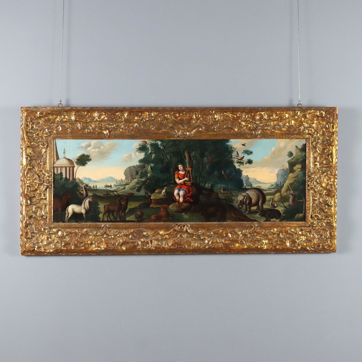Tableau d'époque, Orphée charmant les animaux, huile sur panneau, XVIIIe siècle