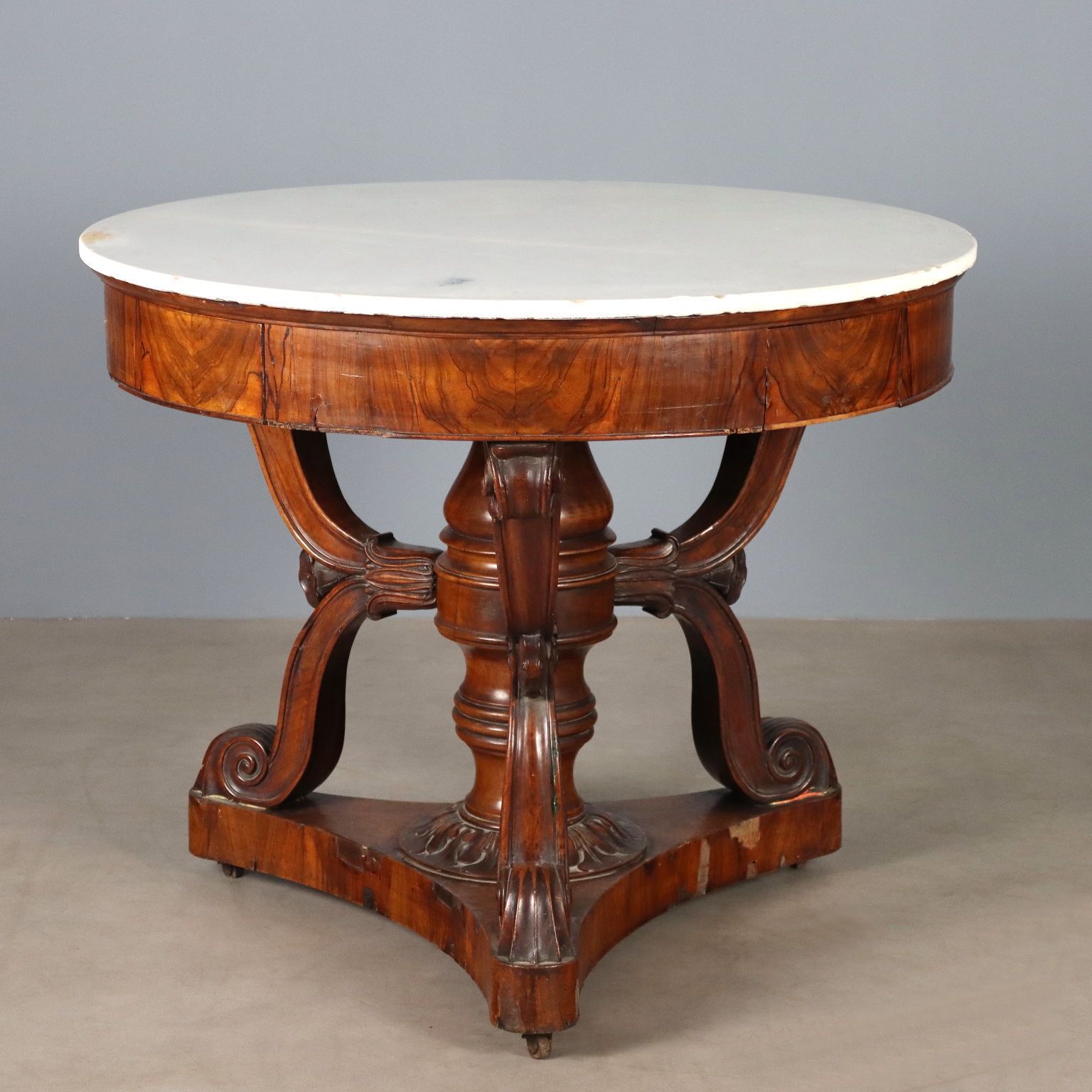 Antique Table Louis Philippe Walnut Marble Italy XIX Century