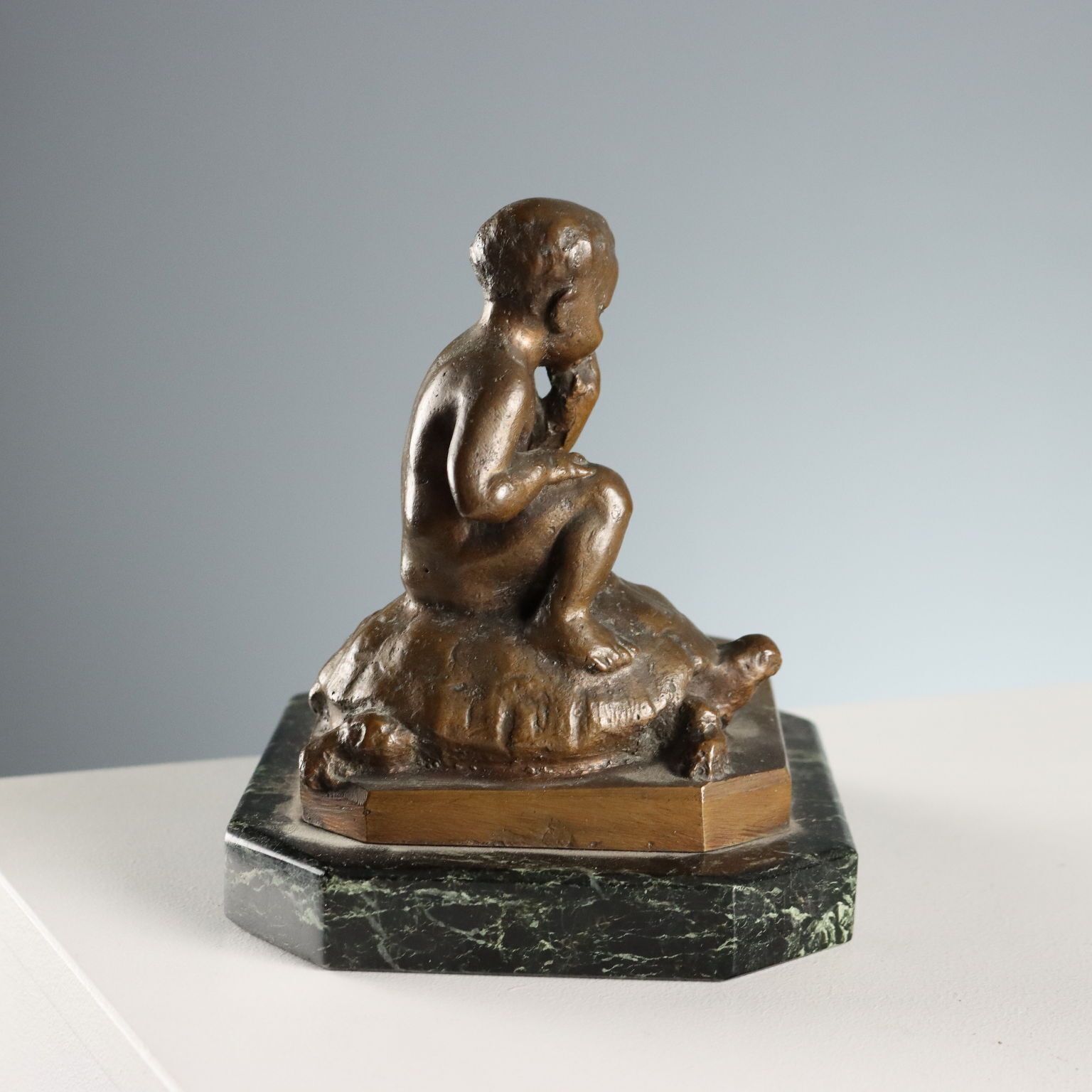 Antique Sculpture Child And Turtle Bronze XIX XX Century photo vintage