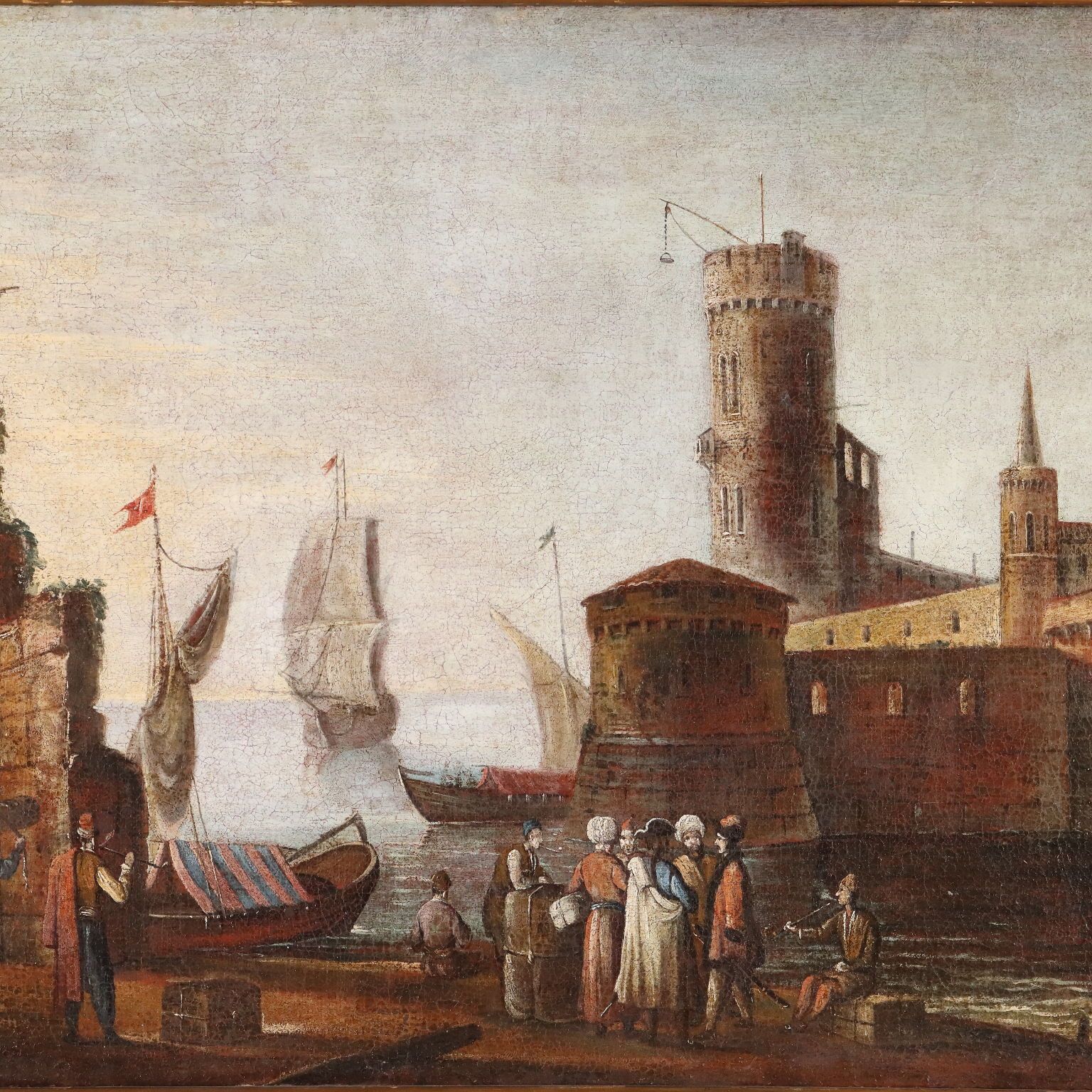 Antique Painting Mediterranean Port Scene Oil On Canvas XVIII Century photo for sale