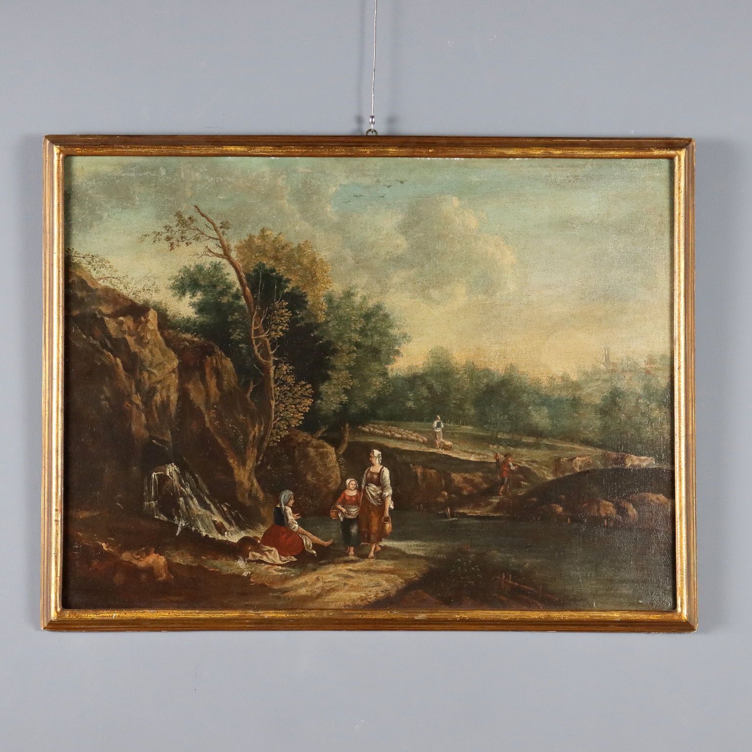 Antiek Schilderij Landschap Met Figuren Olieverf Op Doek '700