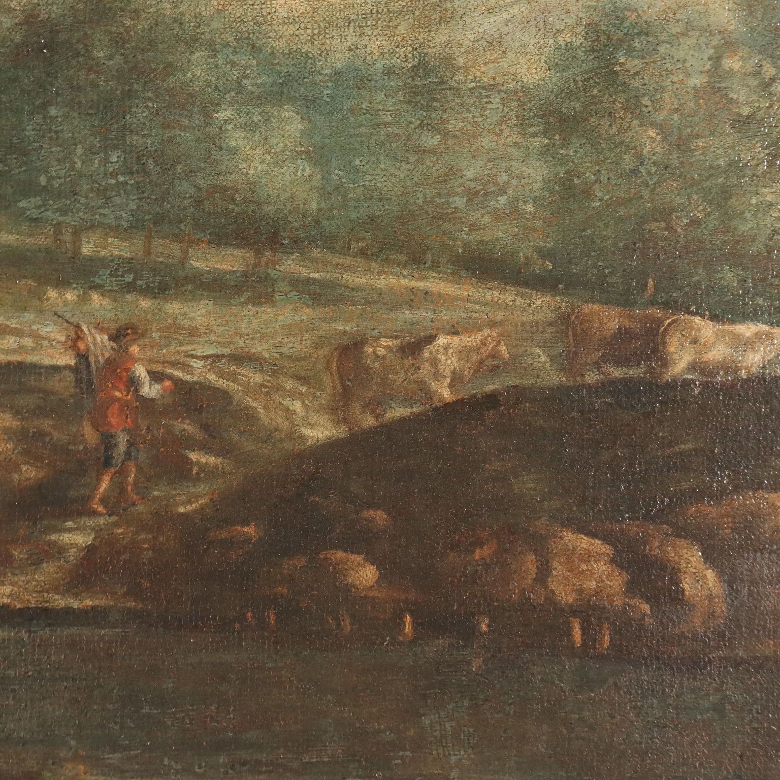 Antiek Schilderij Landschap Met Figuren Olieverf Op Doek '700 photo vinterior