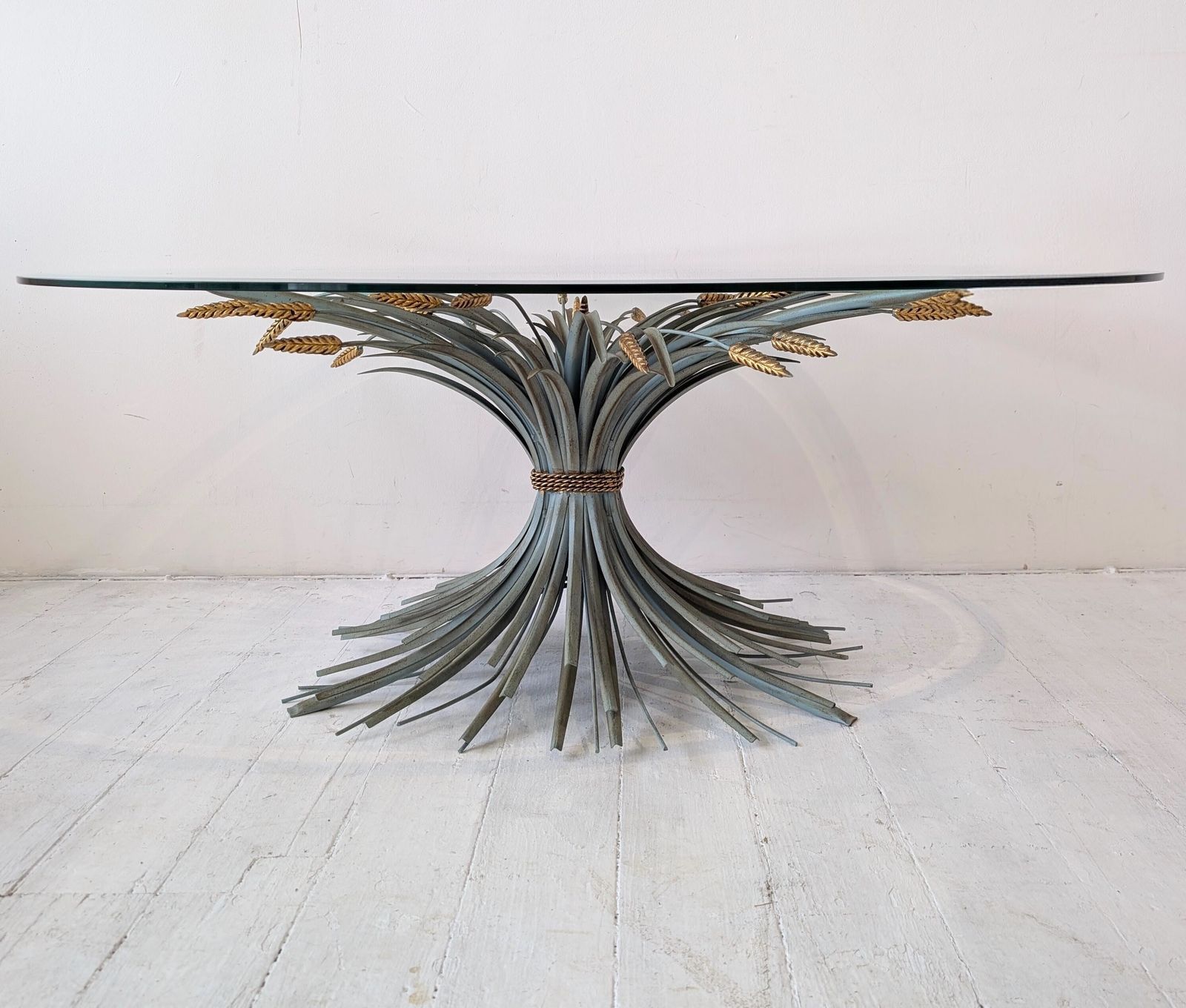 photo buy Vintage Coco Chanel Italian Wheatsheaf Verdigris & Gold Coffee Table 1960s