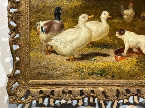 Victorian Farmyard Oil Painting By Percival Glenfern With Puppy And Ducks & Poultry photo for sale