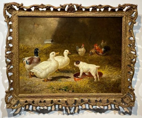 Victorian Farmyard Oil Painting By Percival Glenfern With Puppy And Ducks & Poultry photo Art