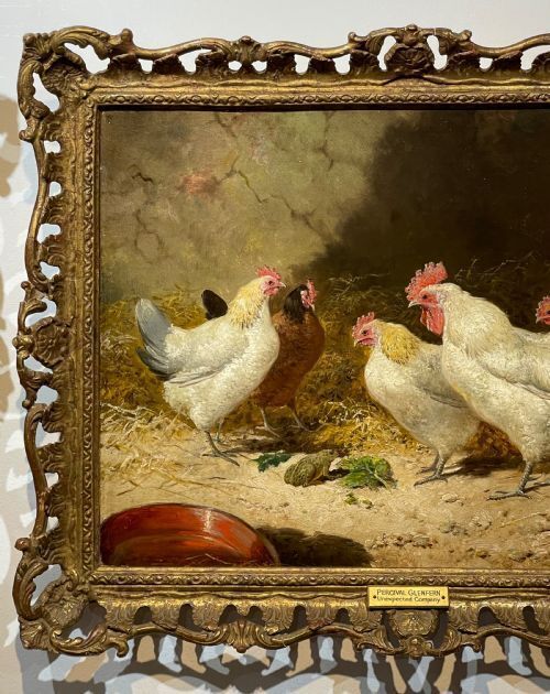 Victorian Poultry Farmyard Oil Painting By Percival Glenfern "Unexpected Company" Toad In A Chicken Coop photo furniture