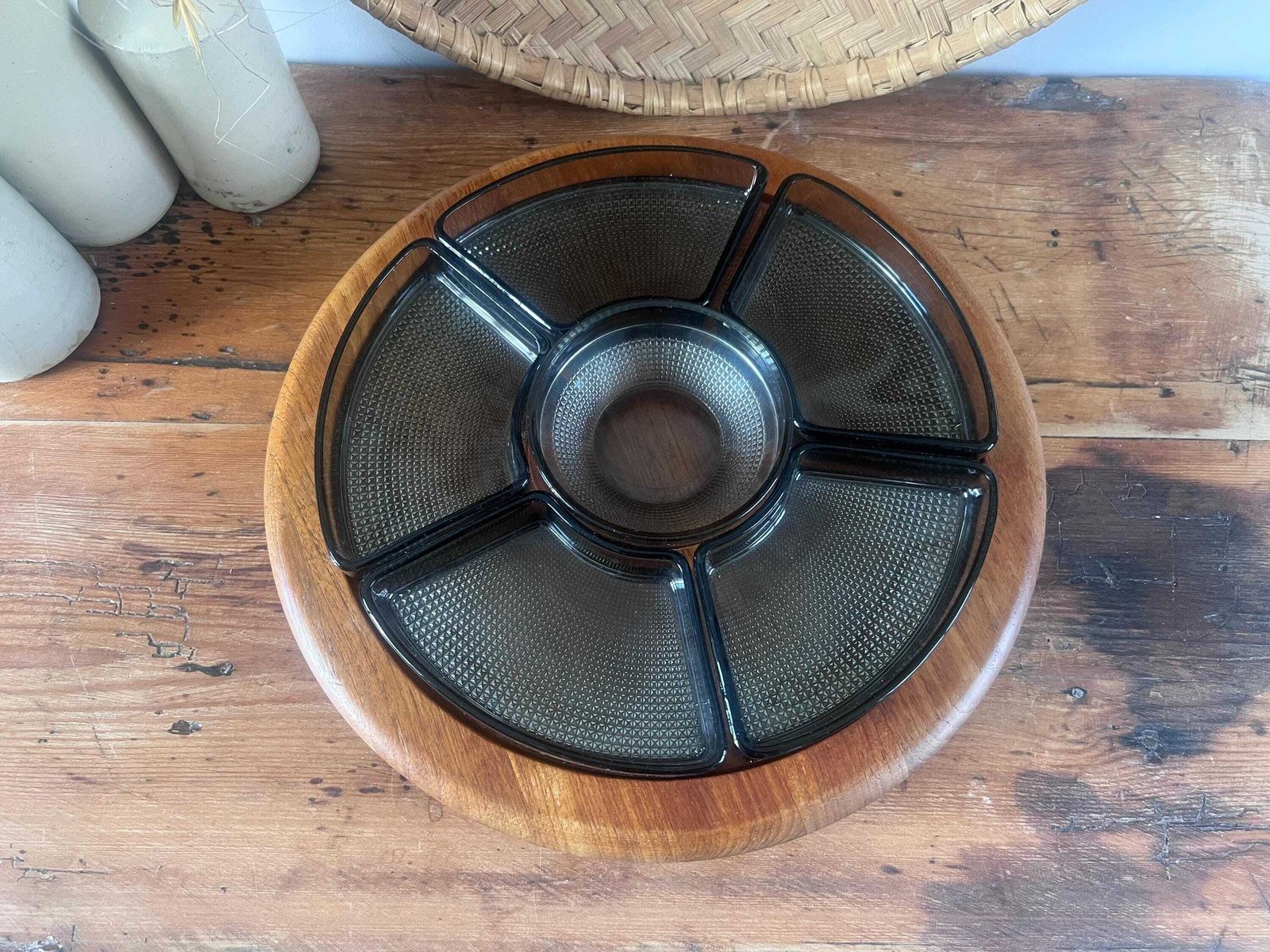 photo furniture Vintage Digsmed Denmark Teak Lazy Susan, Mid Century Modern Rotating Serving Tray With 6 Smoked Glass Bowls, Mcm Danish Design C. 1960s.
