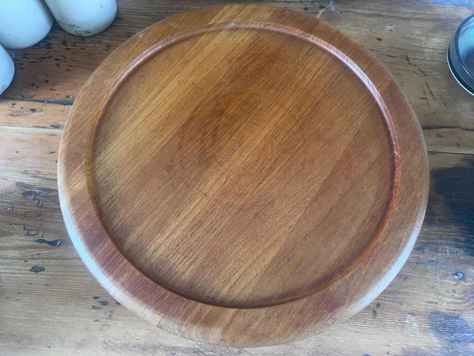 photo vintage Vintage Digsmed Denmark Teak Lazy Susan, Mid Century Modern Rotating Serving Tray With 6 Smoked Glass Bowls, Mcm Danish Design C. 1960s.