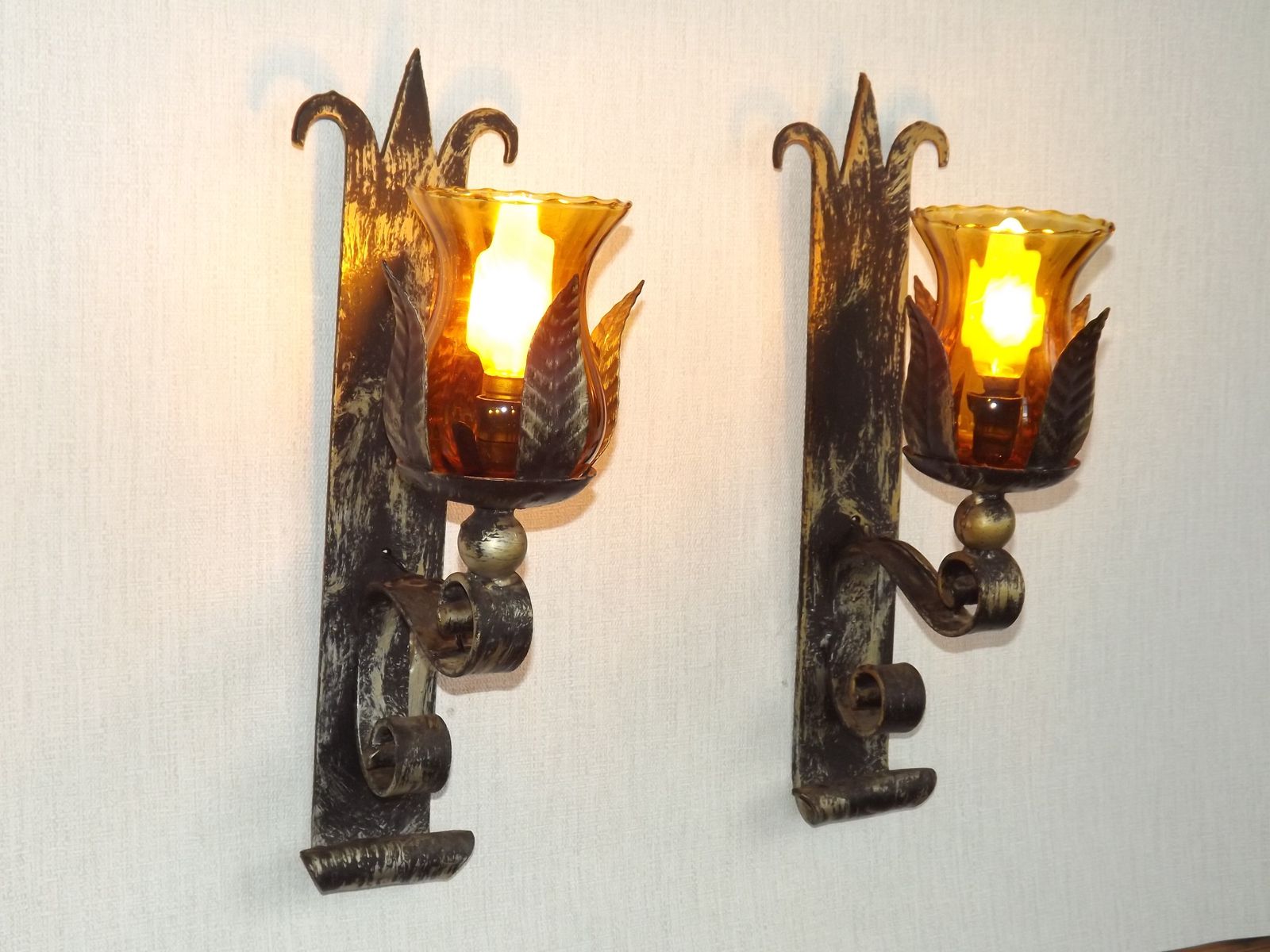 Pair Hand Forged Wrought Iron Medieval Style Wall Lights Amber Glass Shades photo for sale