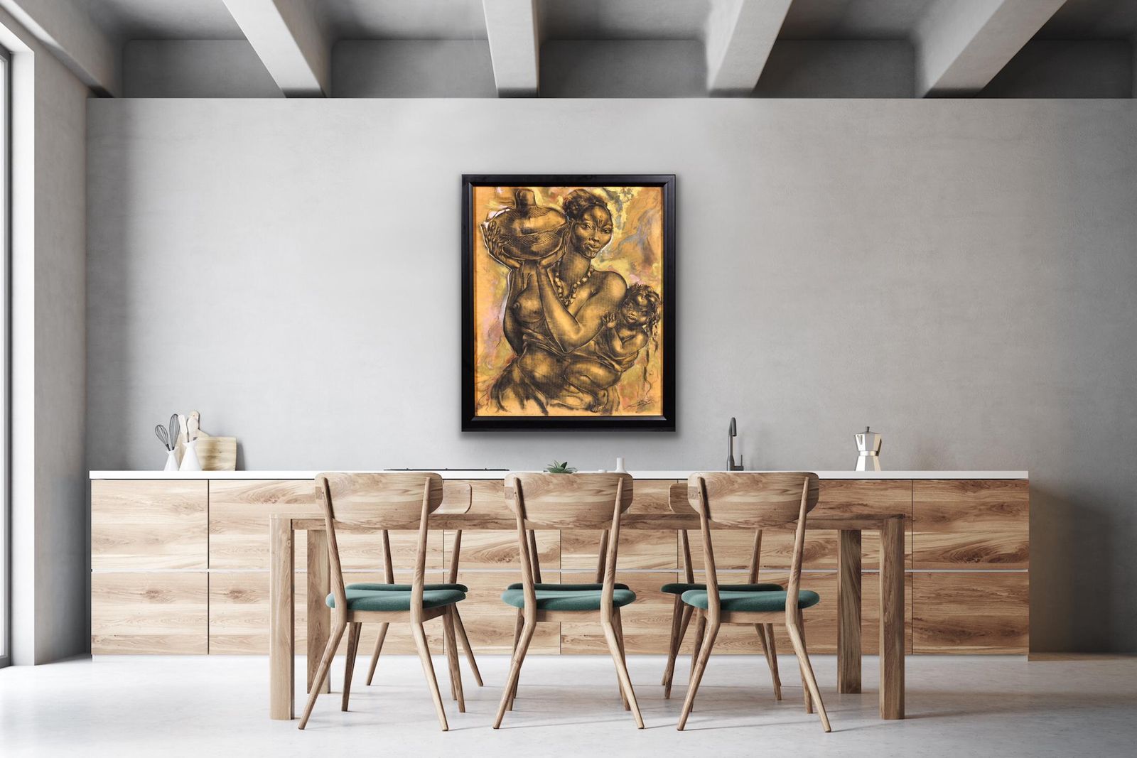 photo vintage Mother And Child. Indistinctly Signed. 20th Century Framed Original Artwork. Mixed Media Charcoal, Oil Paint & Spray Paint On Plywood.