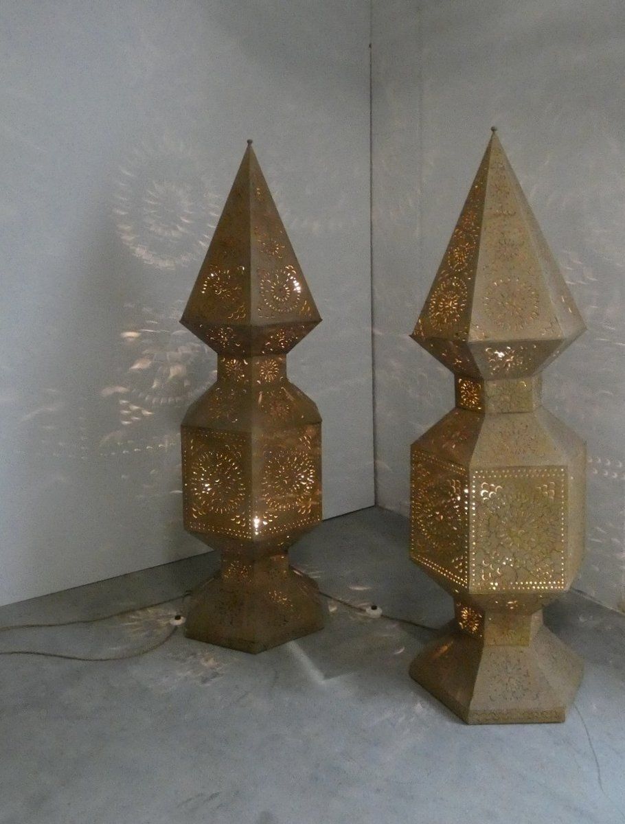 Large Moroccan Perforated Metal Tower Lamps, 1980s, Set Of 2 photo Lighting