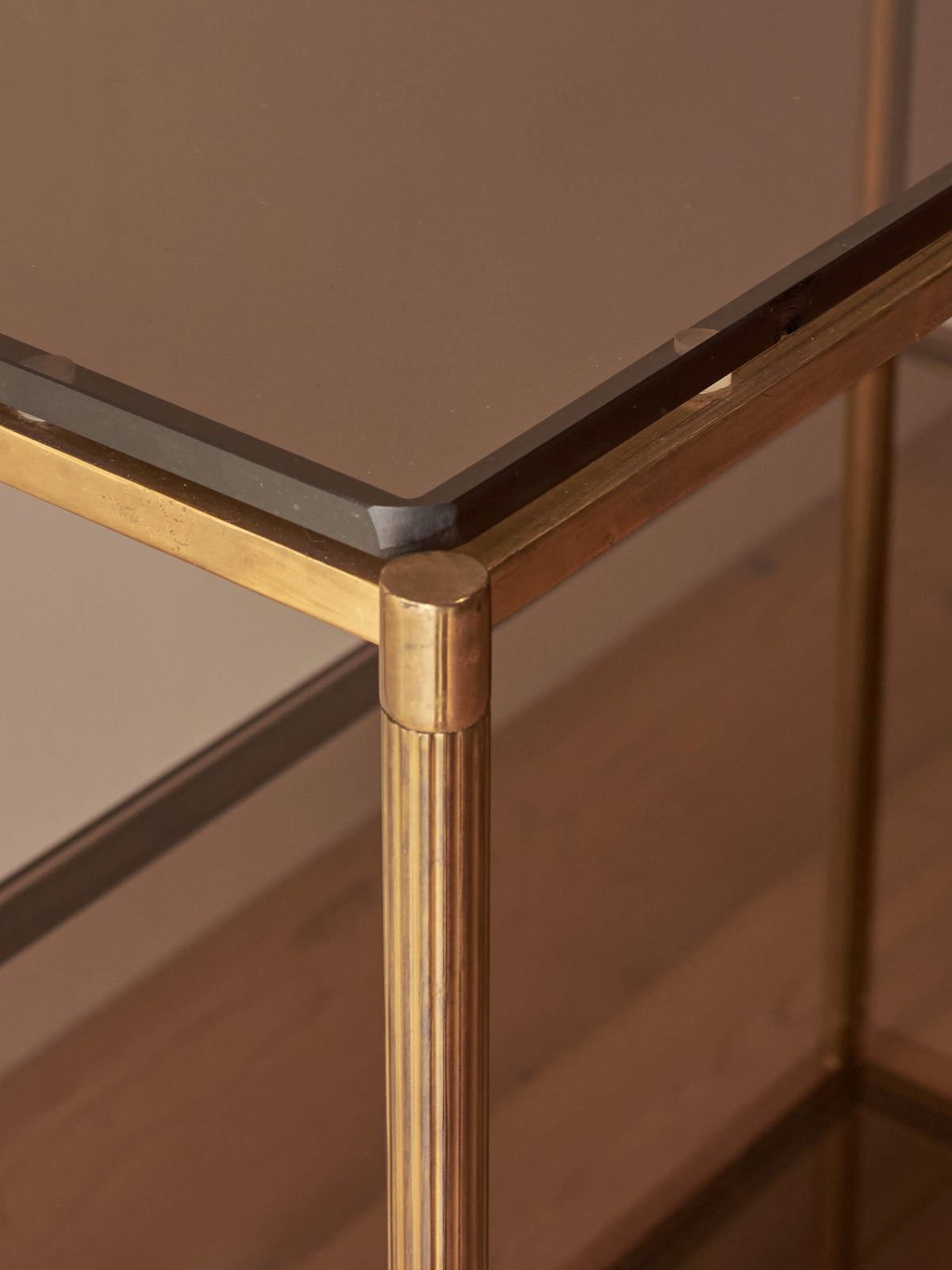 Mid Century Brass And Smoked Glass Shelving Unit photo buy