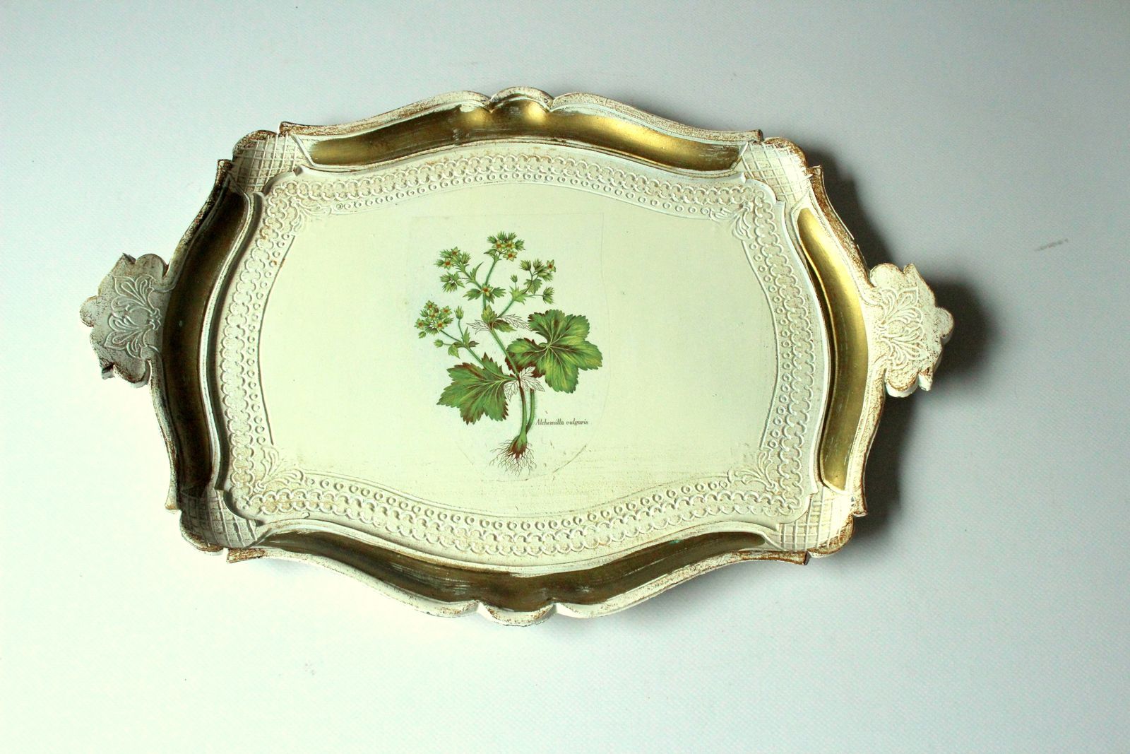 Groot houten Florentijns dienblad crèmewit/goud met bloemenmotieven – Vintage