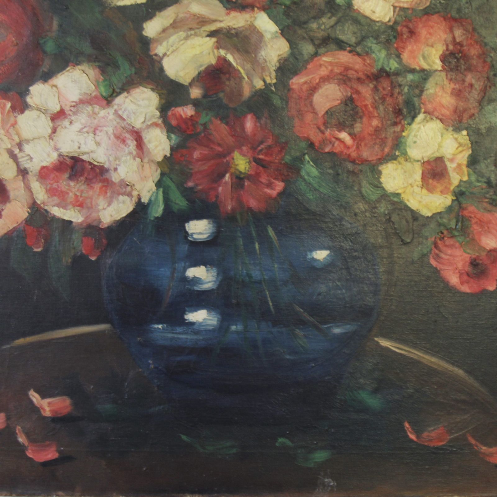321.0 Large Turn Of The Century French Floral Oil Painting On Canvas photo