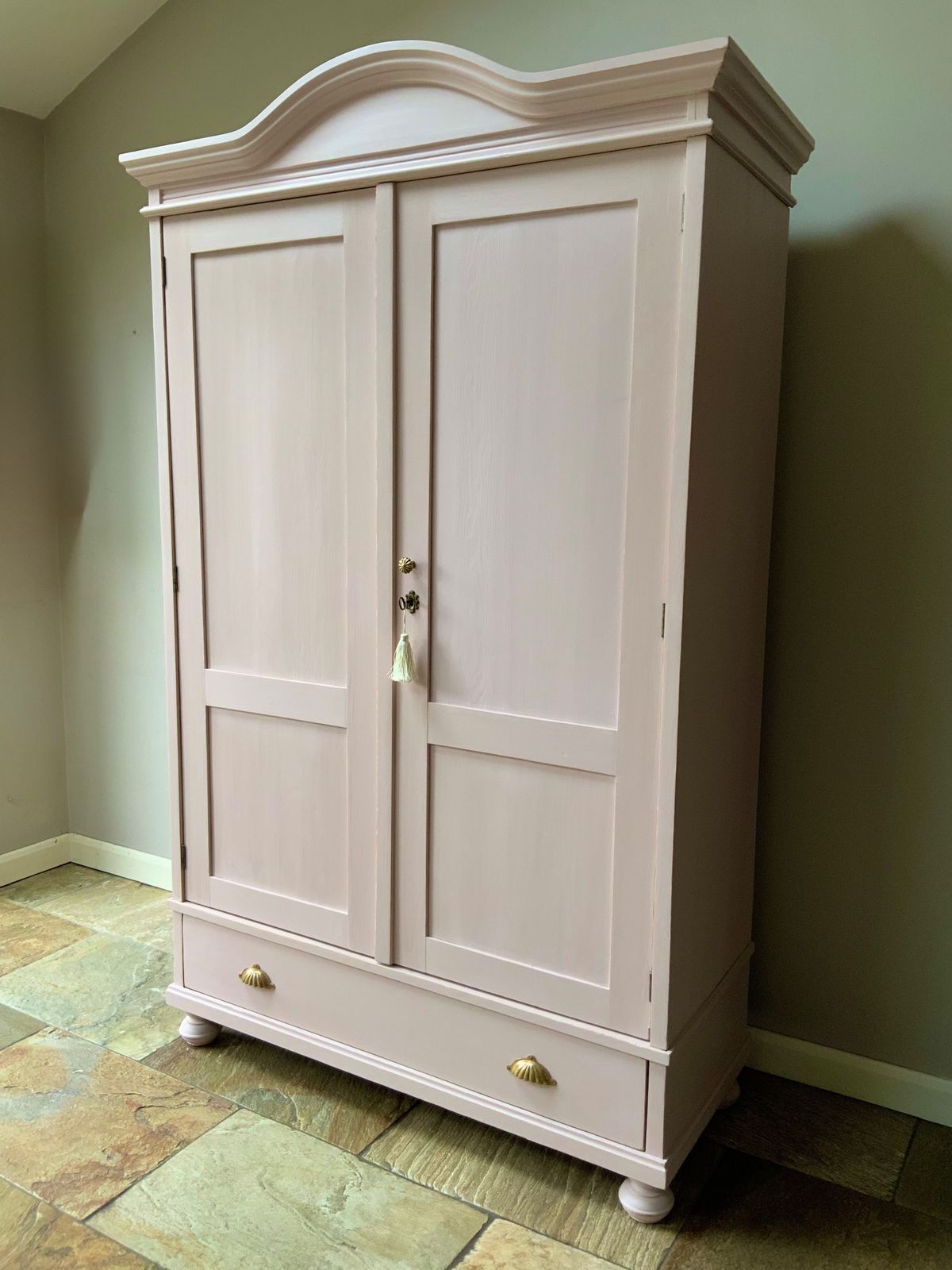 Restored Vintage Continental Painted Blush Pink Pine Knockdown Wardrobe Armoire photo for sale