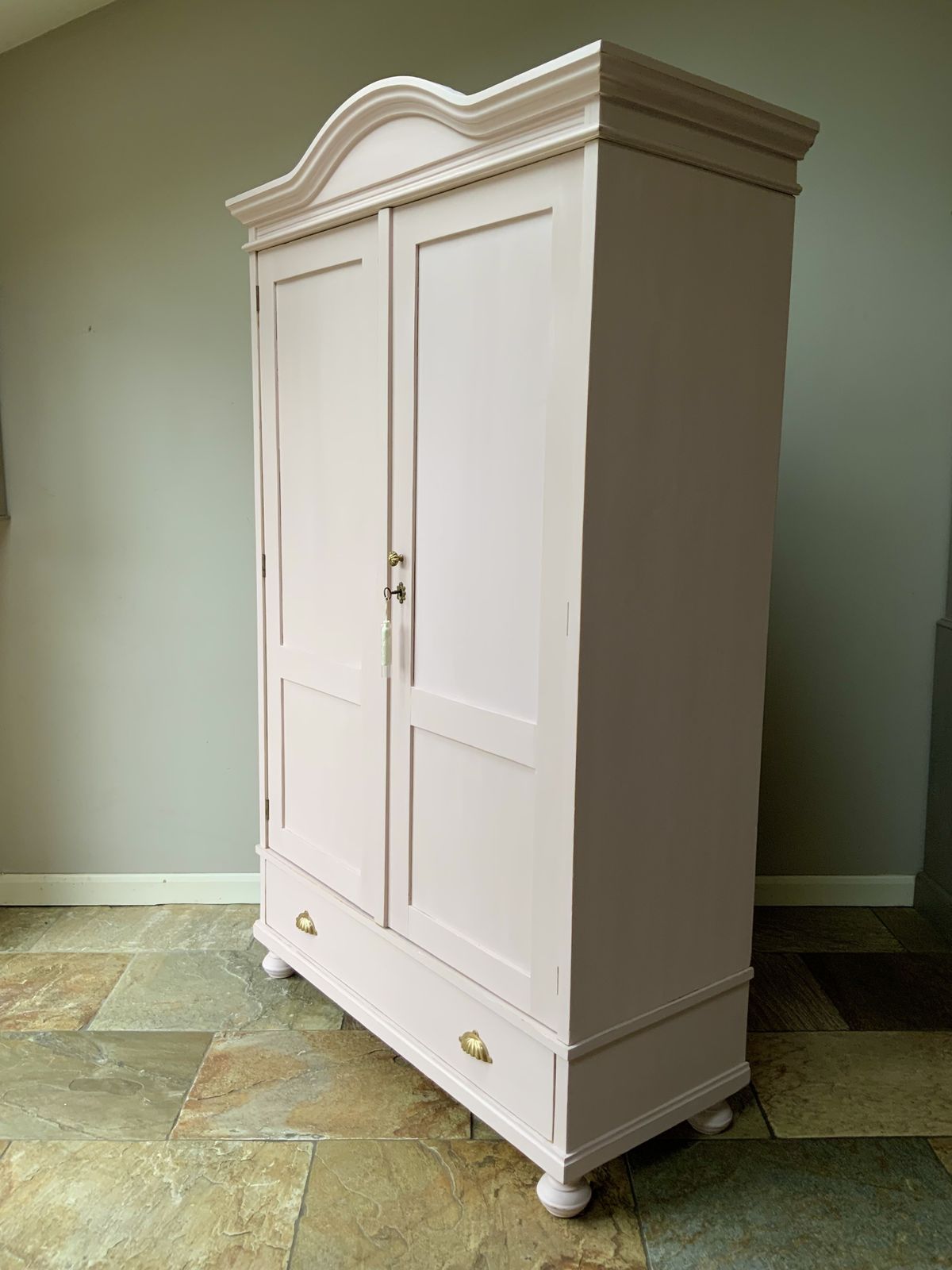 Restored Vintage Continental Painted Blush Pink Pine Knockdown Wardrobe Armoire photo Furniture