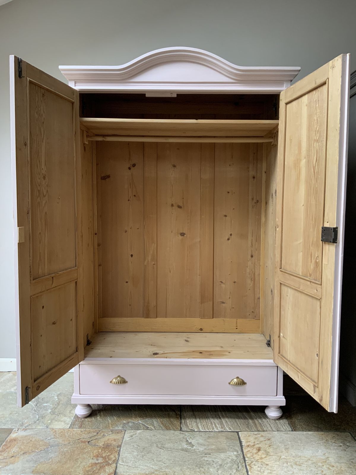 Restored Vintage Continental Painted Blush Pink Pine Knockdown Wardrobe Armoire photo vintage