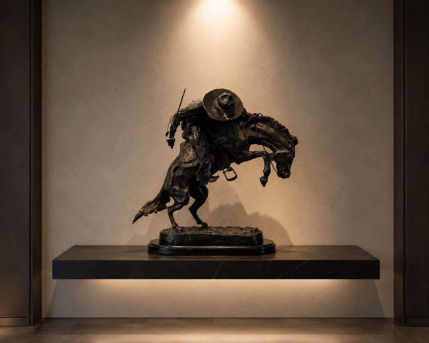 Antique Large Bronze Cowboy On Bucking Horse Sculpture After Remington Broncho Buster Western Equestrian Figure photo furniture