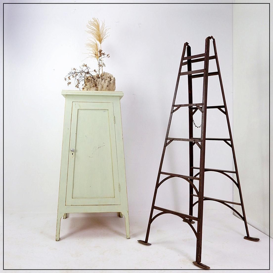 Vintage Green Patinated Wood Pedestal Cabinet Storage Stand photo furniture