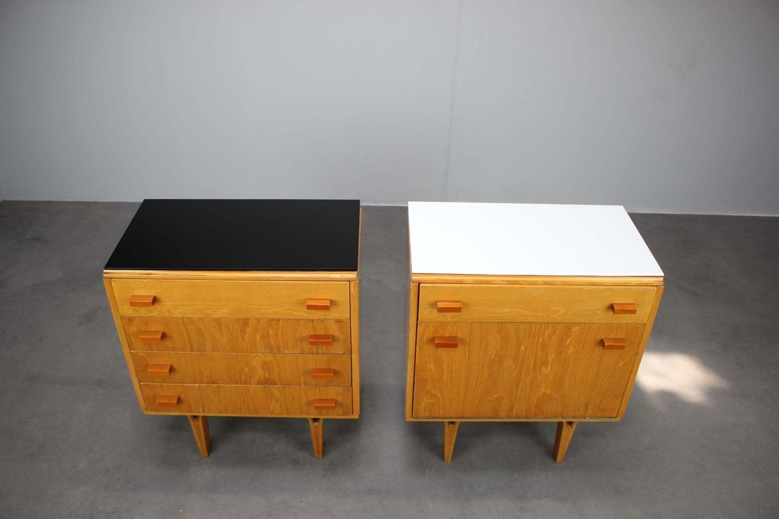 1960s František Mezulaník Mid Century Maple Nightstands With Black And White Gla photo furniture