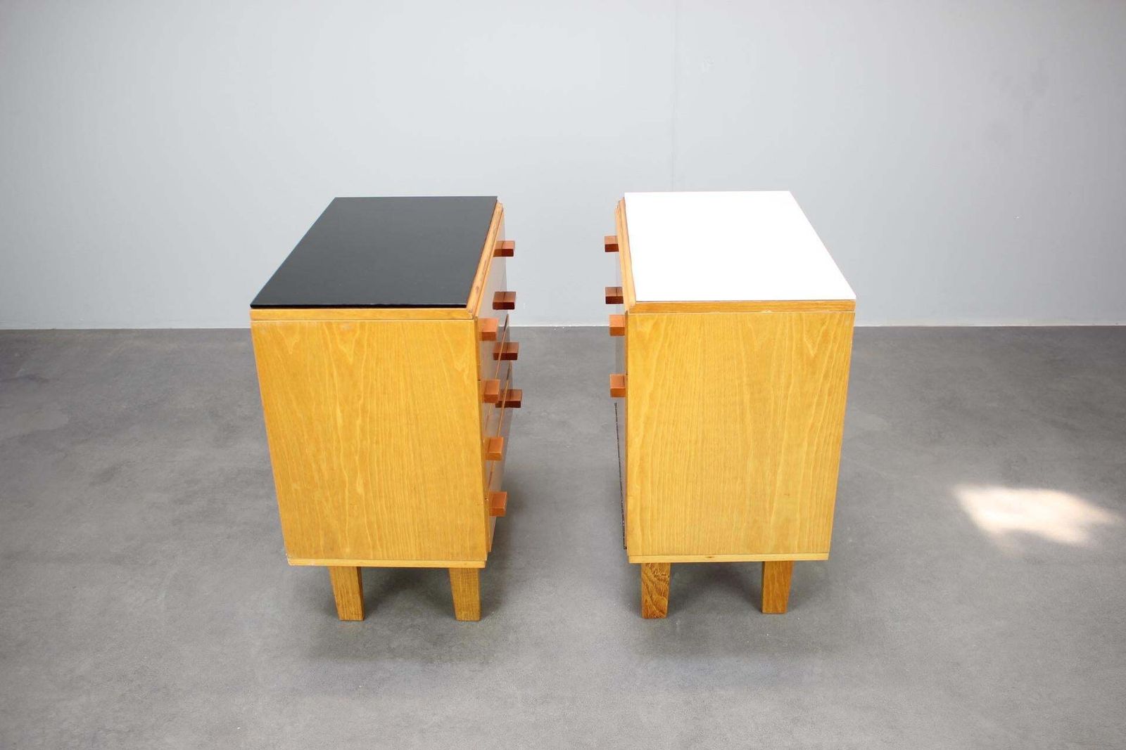 photo for sale 1960s František Mezulaník Mid Century Maple Nightstands With Black And White Gla