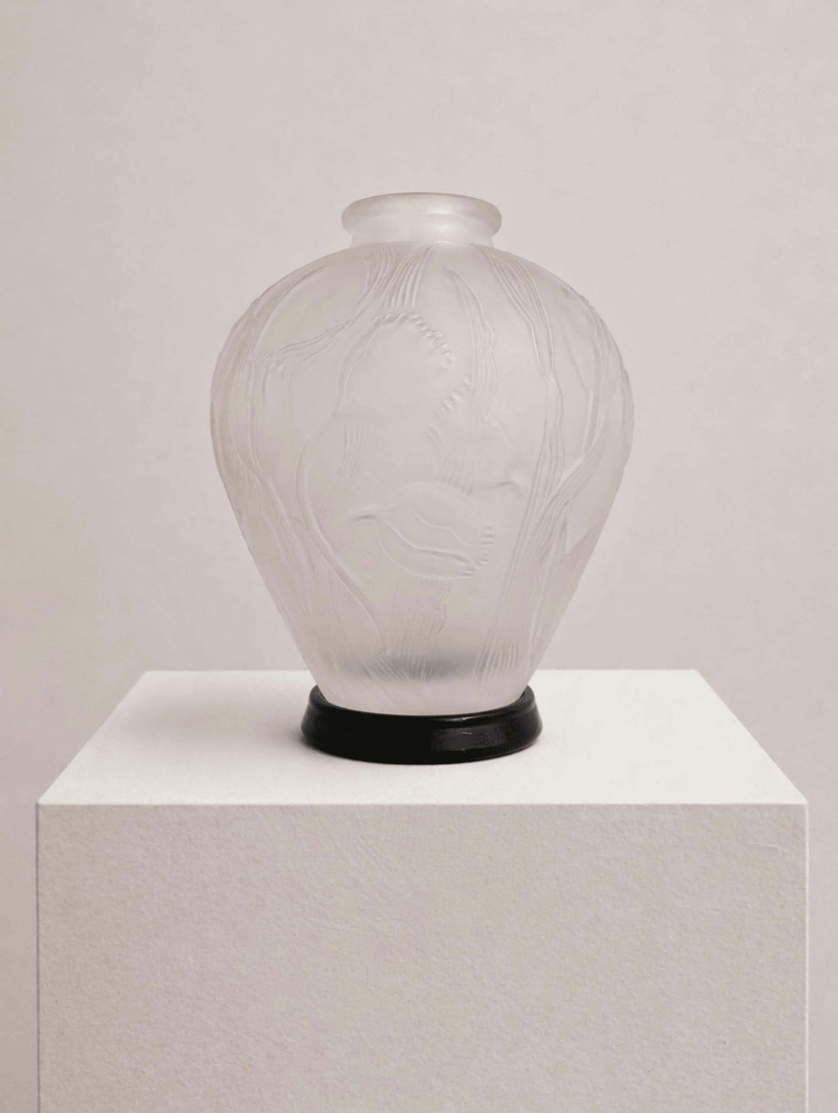 Mid Century Modern French Vase Lalique Style Frosted Glass Floral Motifs 60s photo for sale