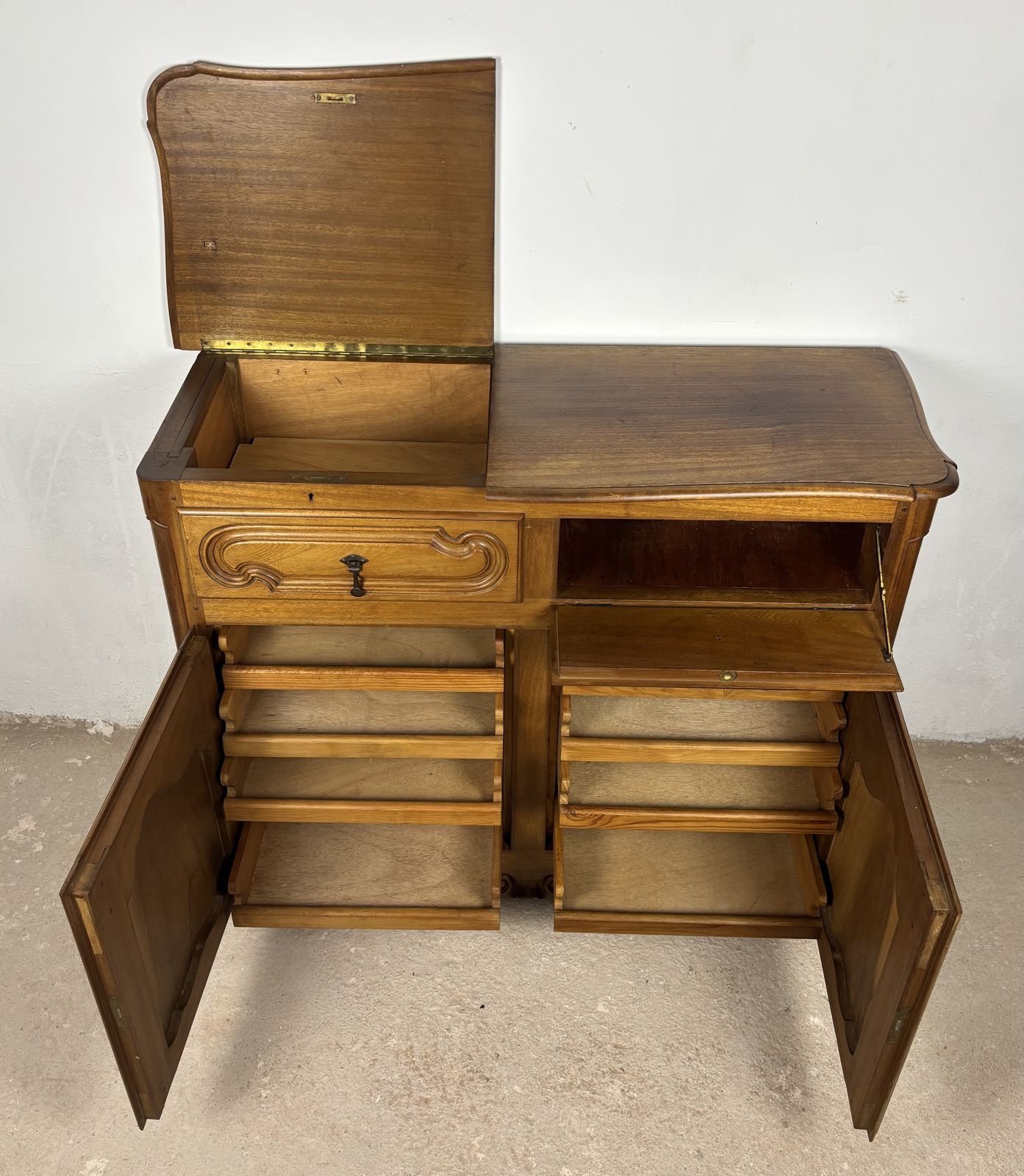 photo furniture French Provincial Oak Server Cabinet With Sliding Shelves, Early 20th Century