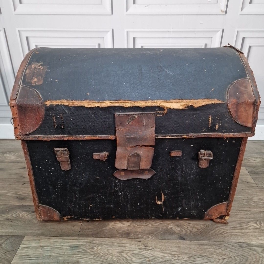 Antique Travel Trunk Canvas & Leather Domed Storage Luggage Steamer Pirate Chest photo furniture