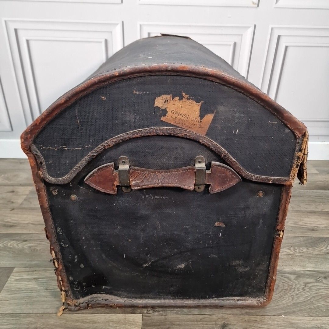 Antique Travel Trunk Canvas & Leather Domed Storage Luggage Steamer Pirate Chest photo for sale