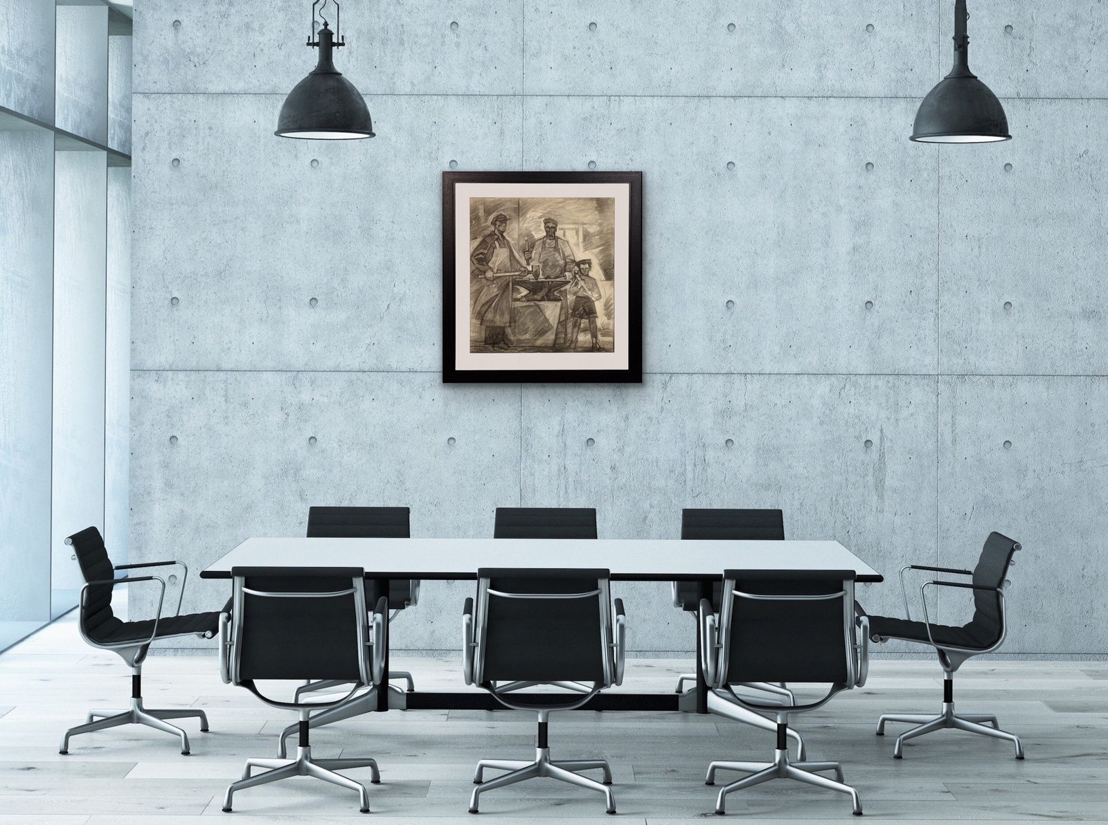 photo furniture Soviet Ukrainian Artist, Three Generations Of Metal Workers, Charcoal Drawing, 1960s, Framed
