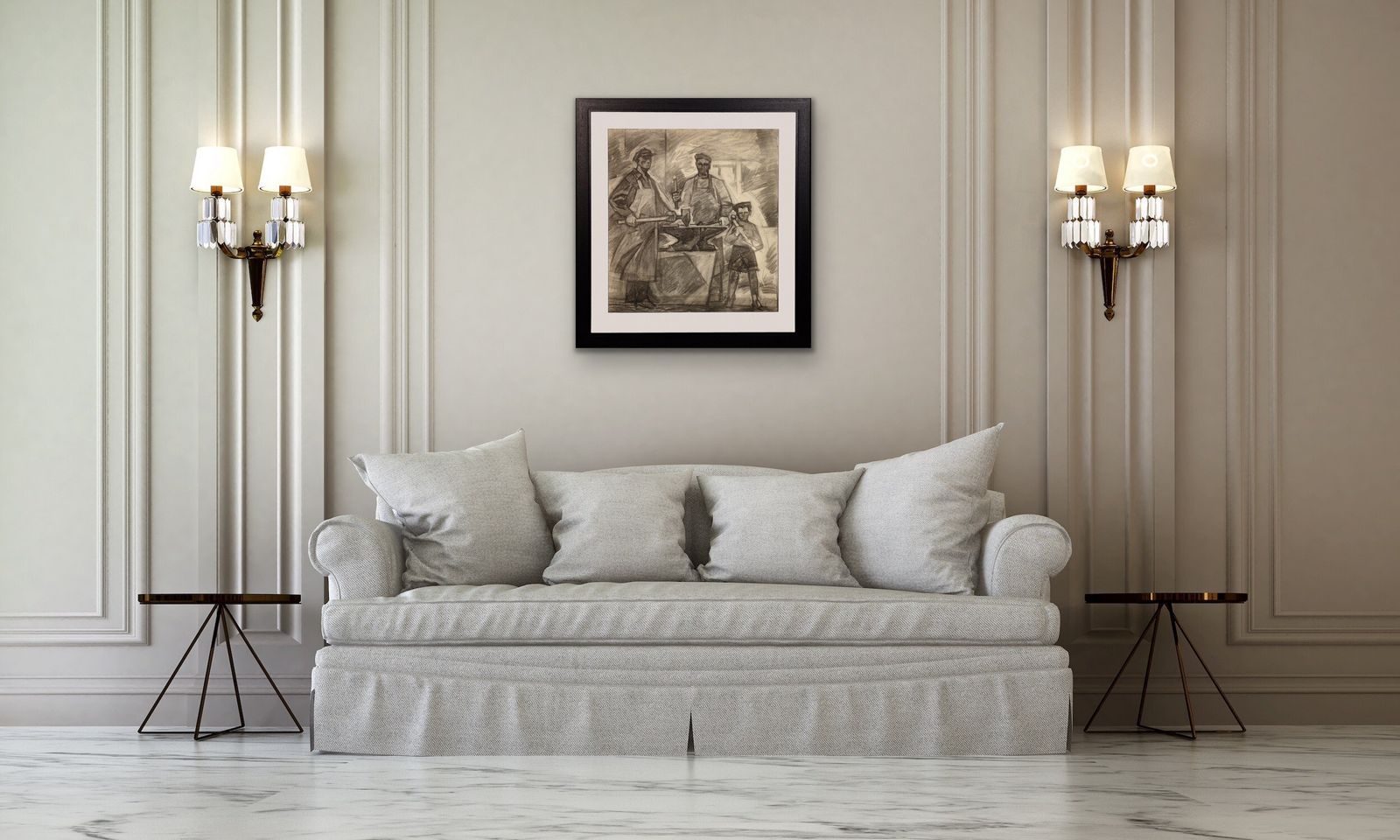 Art Soviet Ukrainian Artist, Three Generations Of Metal Workers, Charcoal Drawing, 1960s, Framed photo
