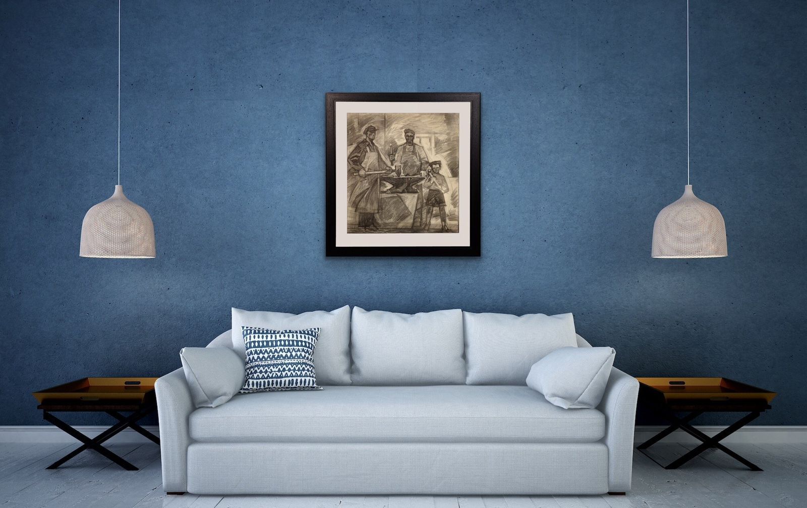 photo vintage Soviet Ukrainian Artist, Three Generations Of Metal Workers, Charcoal Drawing, 1960s, Framed
