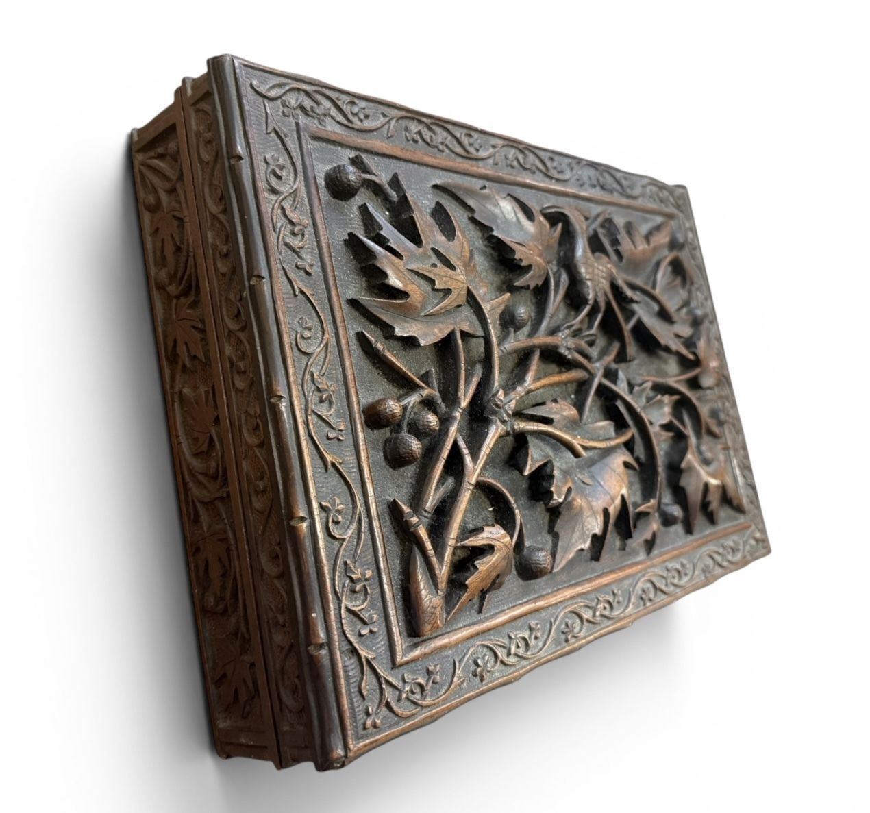 Exquisitely Carved Anglo Indian Hardwood Box With Birds & Vine Leaves, Late 19th Century photo furniture