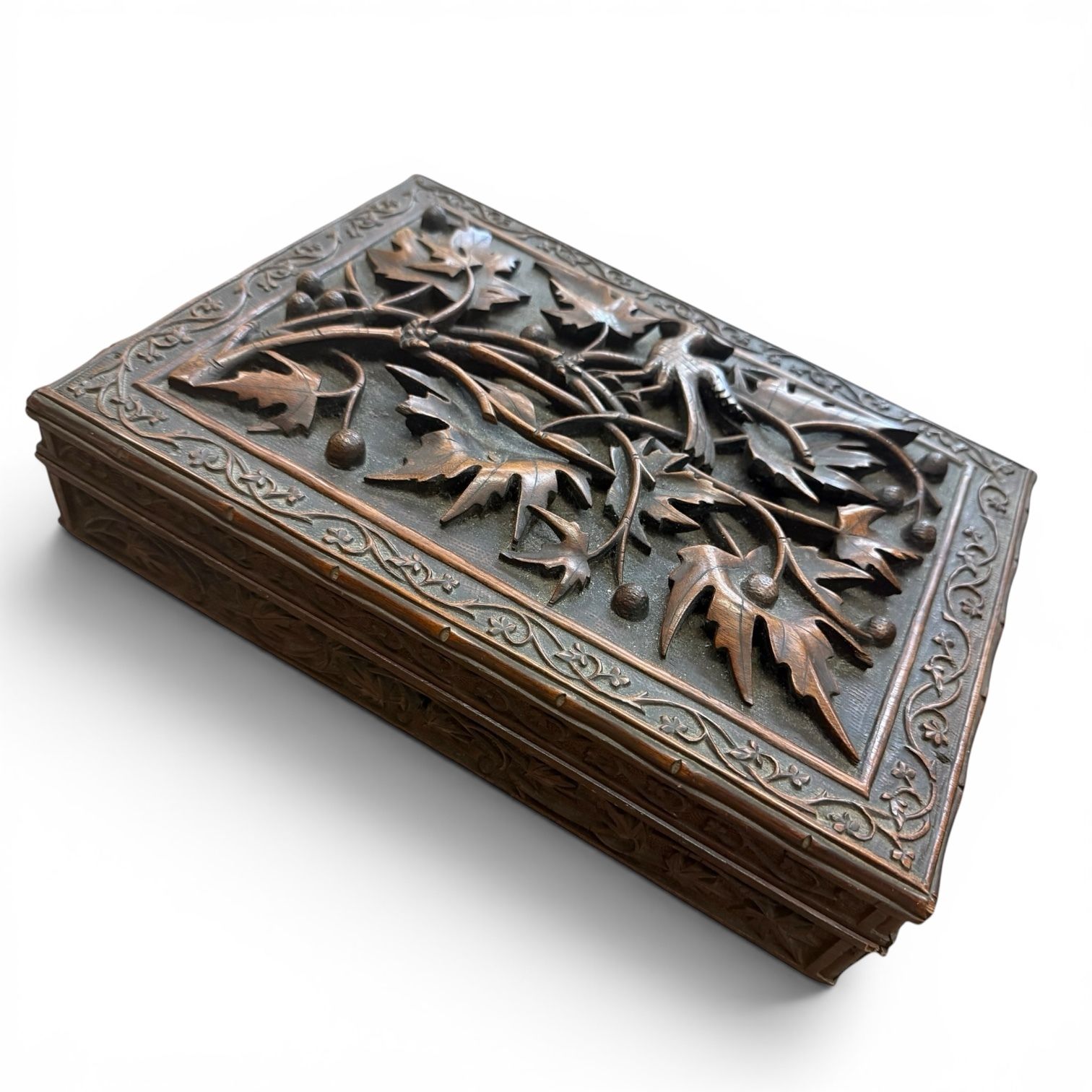 photo for sale Exquisitely Carved Anglo Indian Hardwood Box With Birds & Vine Leaves, Late 19th Century