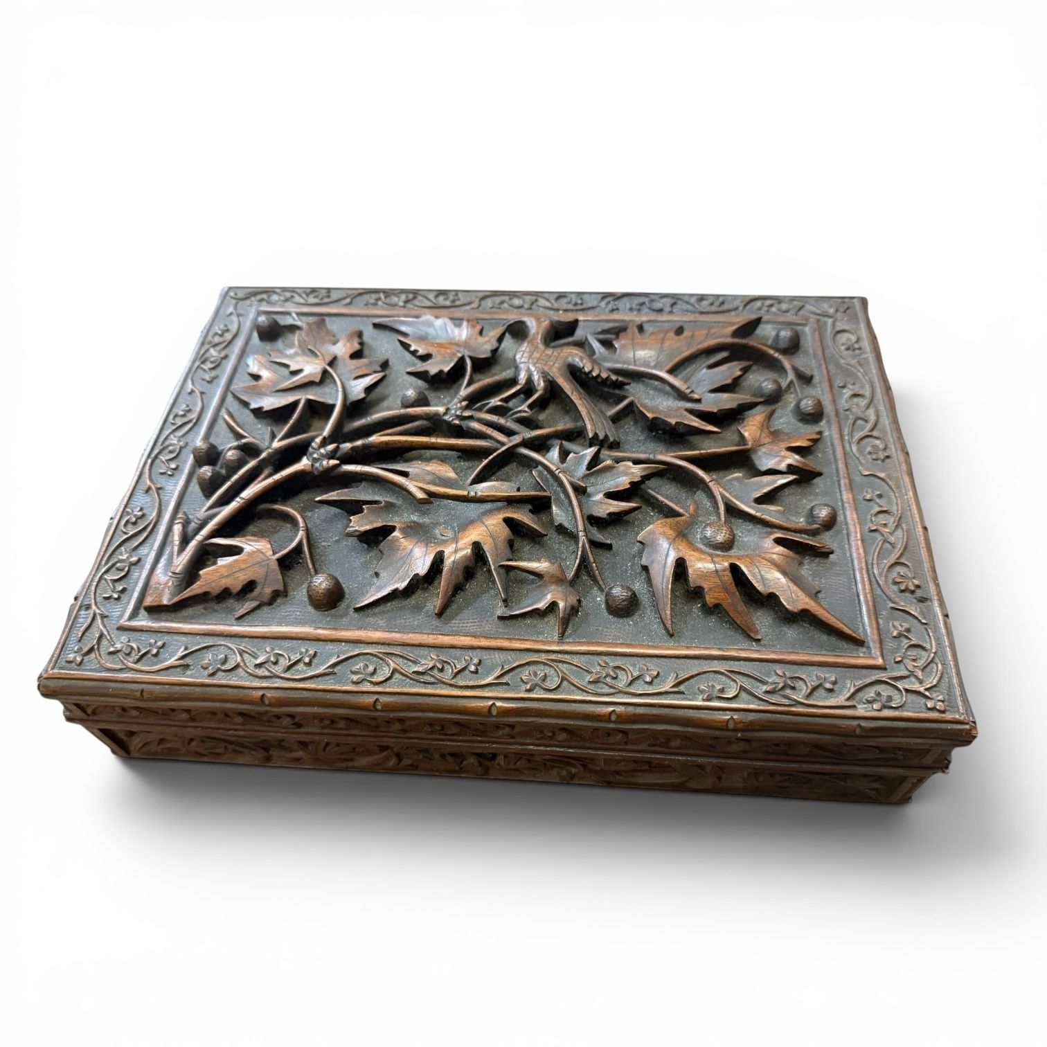 Home Decor Exquisitely Carved Anglo Indian Hardwood Box With Birds & Vine Leaves, Late 19th Century photo