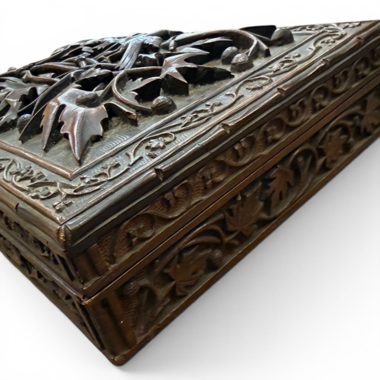 photo buy Exquisitely Carved Anglo Indian Hardwood Box With Birds & Vine Leaves, Late 19th Century