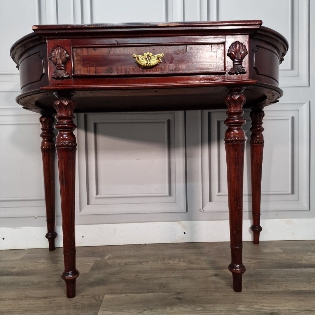 photo furniture Antique Style Console Table Mahogany Demi Lune Side Hall – Inlaid Top & Carved