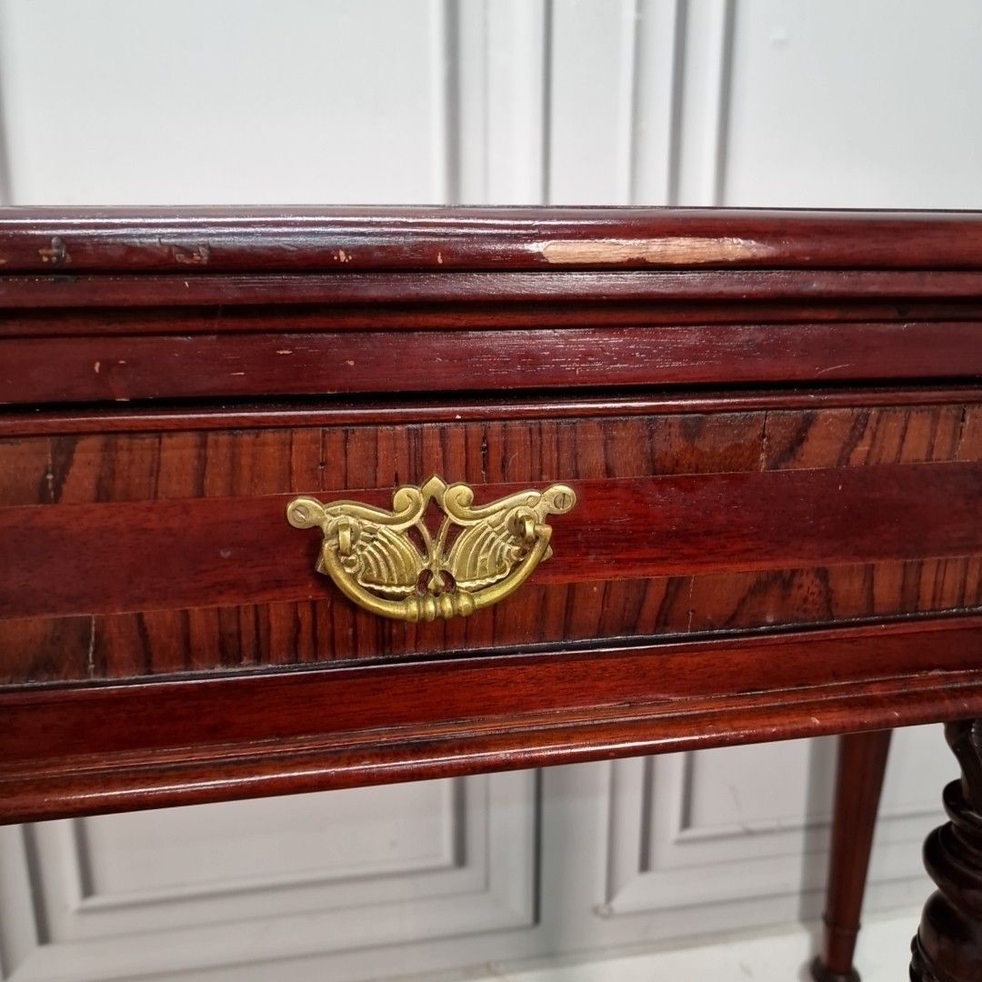 Furniture Antique Style Console Table Mahogany Demi Lune Side Hall – Inlaid Top & Carved photo