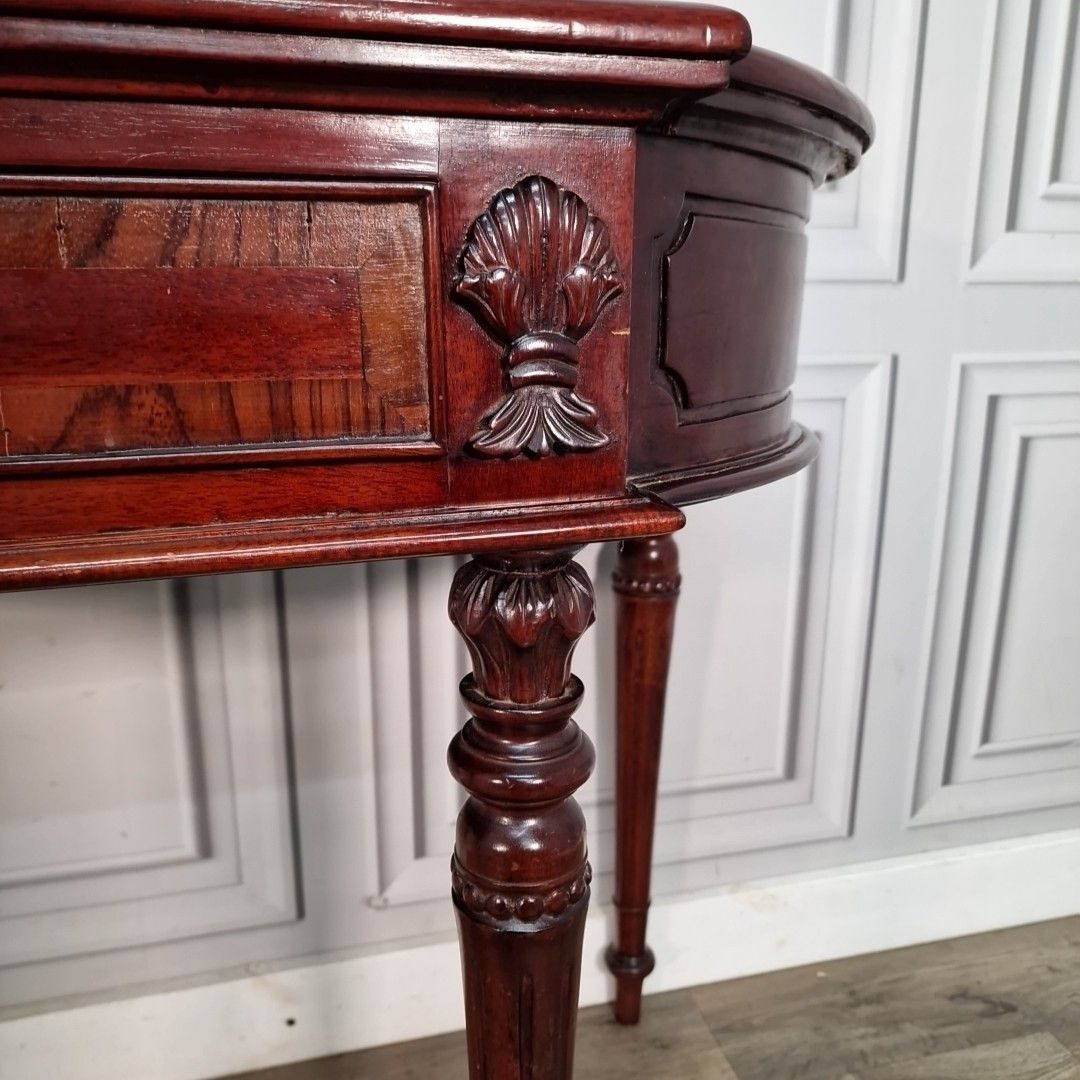 190.0 Antique Style Console Table Mahogany Demi Lune Side Hall – Inlaid Top & Carved photo