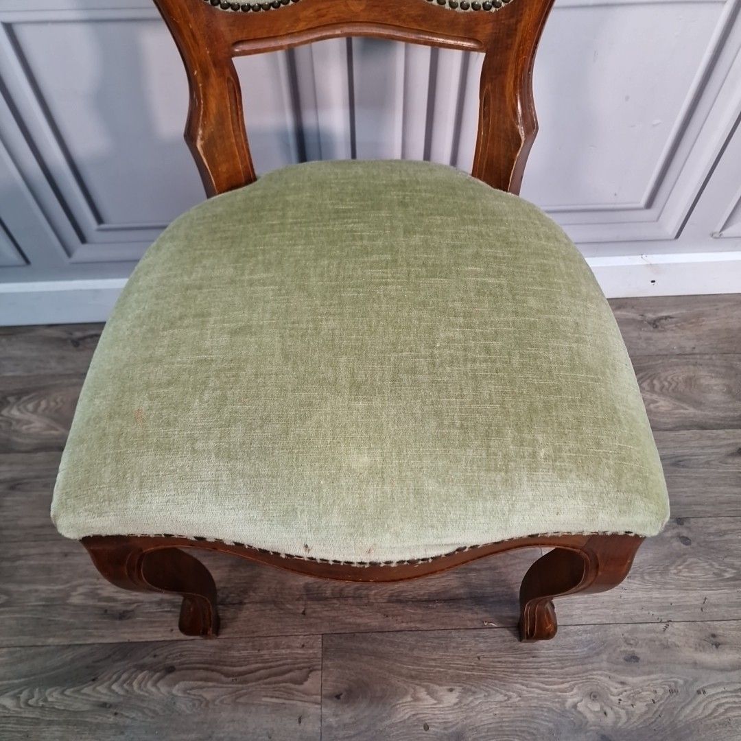 Antique Carved Walnut Chair Green Upholstery – Victorian Salon Style Seat photo 80.0