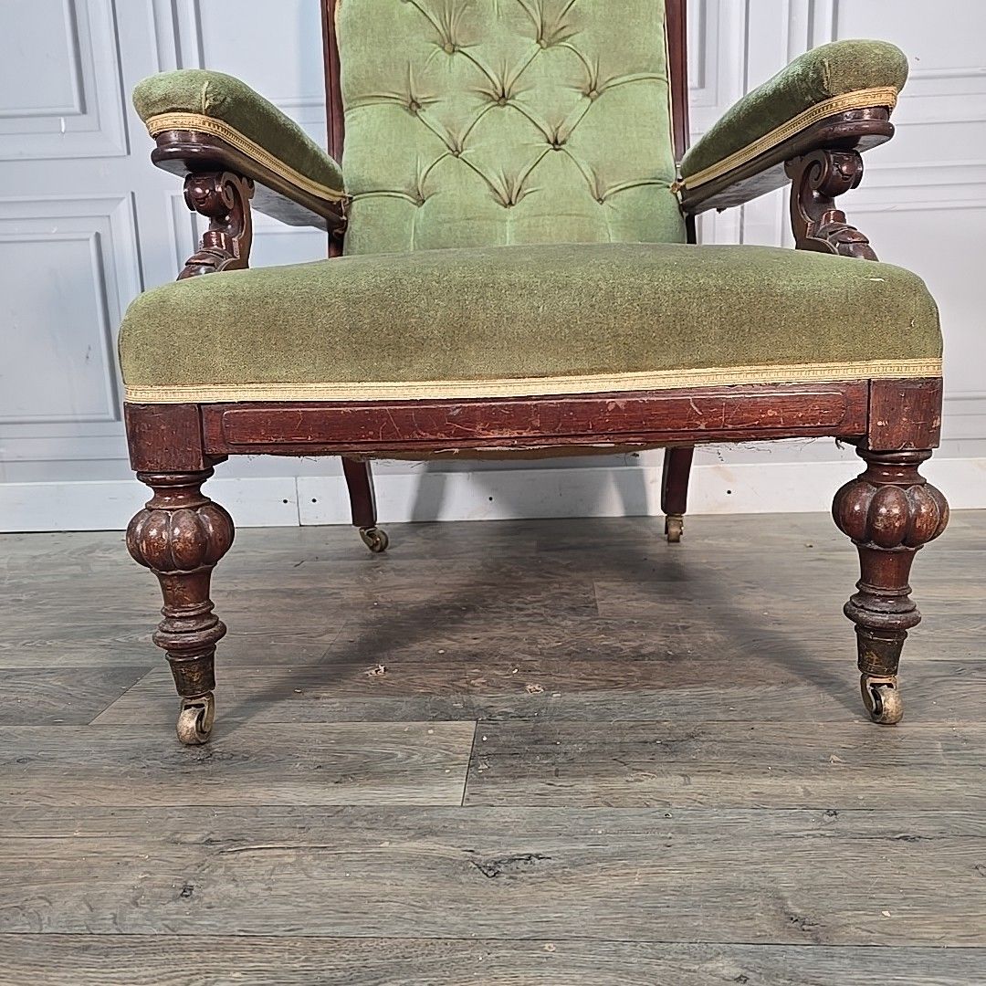 Antique Victorian Upholstered Armchair Solid Hardwood Button Back Nursing Chair photo 230.0