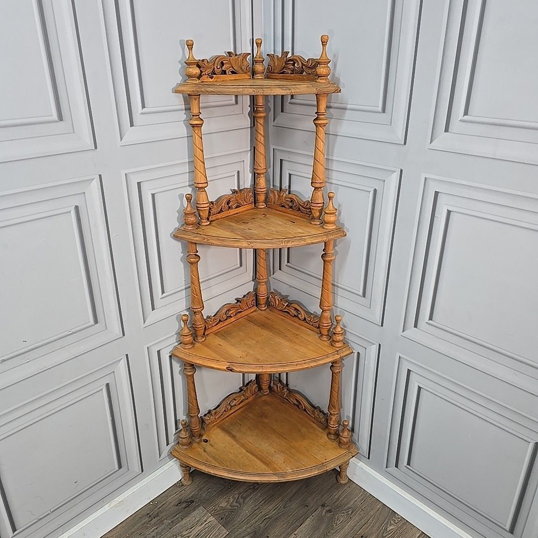 Antique Whatnot Shelf Victorian Style Carved Pine 4 Tier Corner Turned Wooden