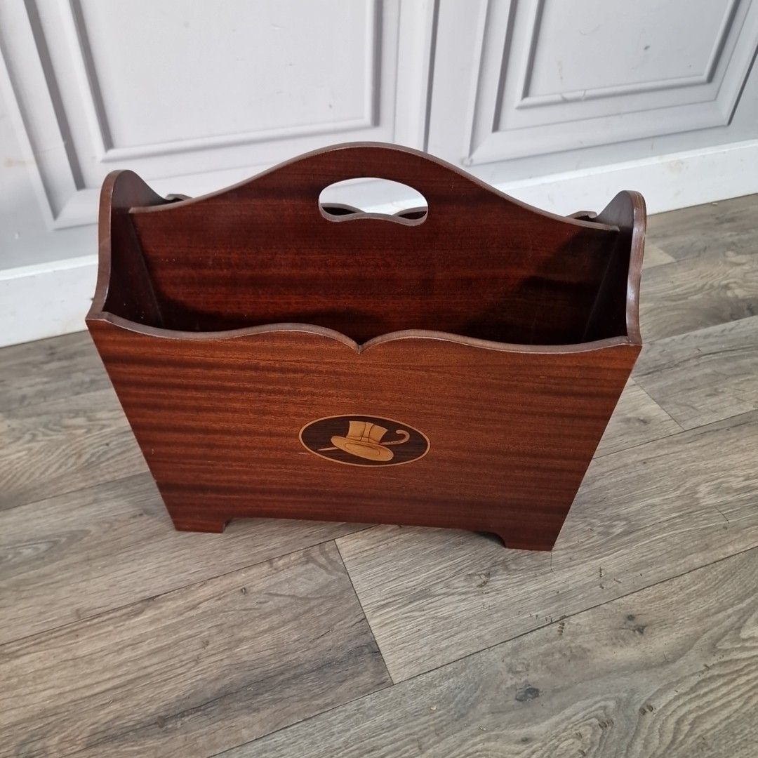 Retro Magazine Letter Rack Vintage Mahogany Veneer – Inlaid Top Hat & Cane Motif photo for sale