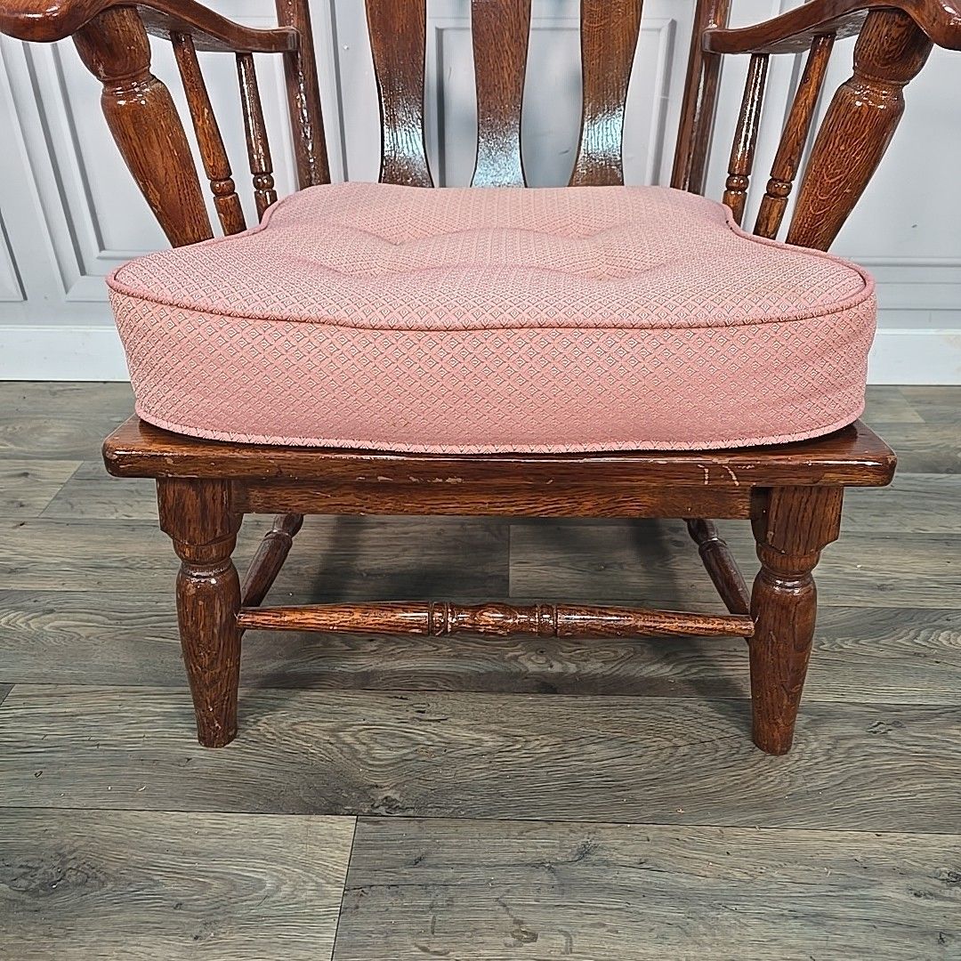 Vintage High Back Armchair Solid Oak Turned Wood Cushions – Rustic Country photo vinterior