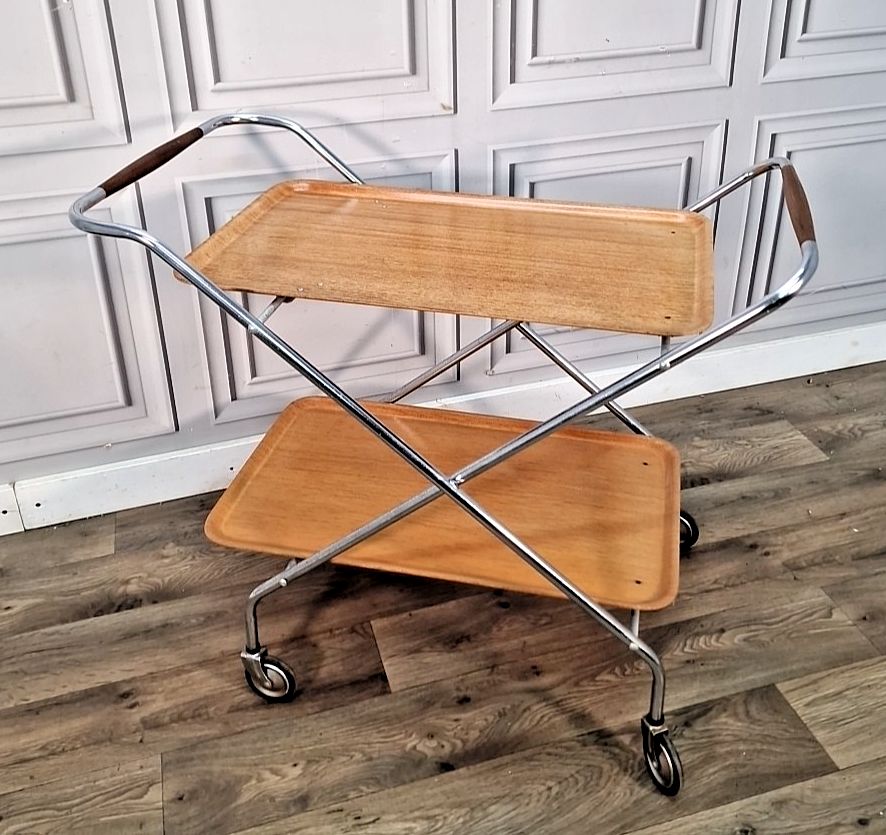 Vintage Tea Hostess Trolley Retro Chrome & Plywood Folding Drinks Mid Century