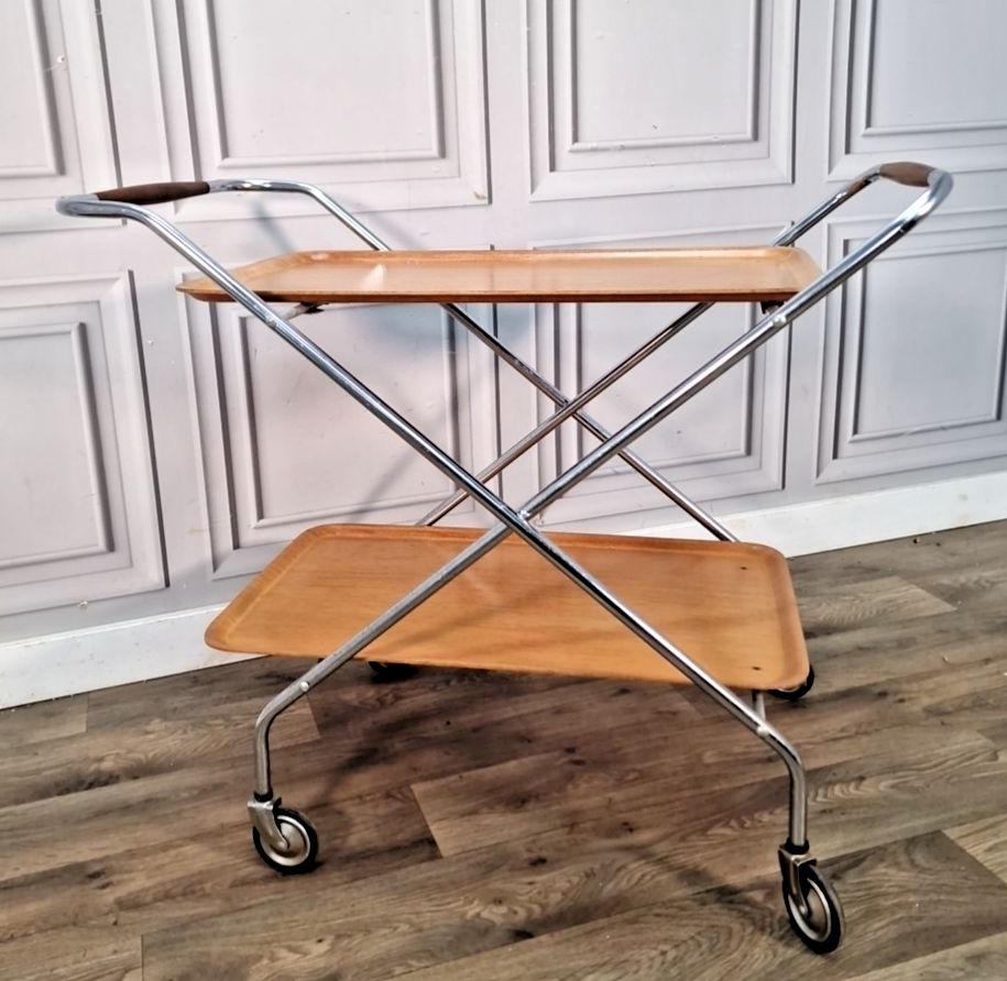 Vintage Tea Hostess Trolley Retro Chrome & Plywood Folding Drinks Mid Century photo furniture