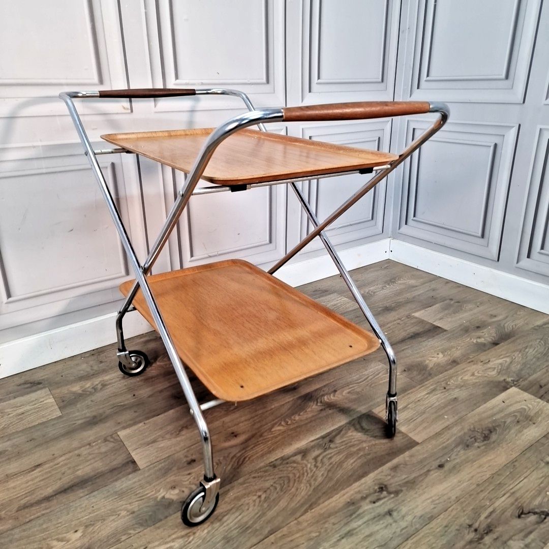 Vintage Tea Hostess Trolley Retro Chrome & Plywood Folding Drinks Mid Century photo 130.0
