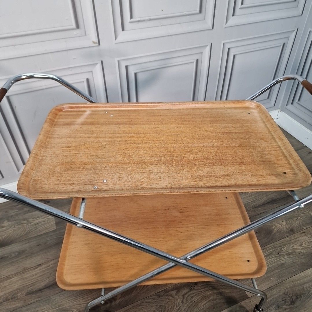 Vintage Tea Hostess Trolley Retro Chrome & Plywood Folding Drinks Mid Century photo vinterior